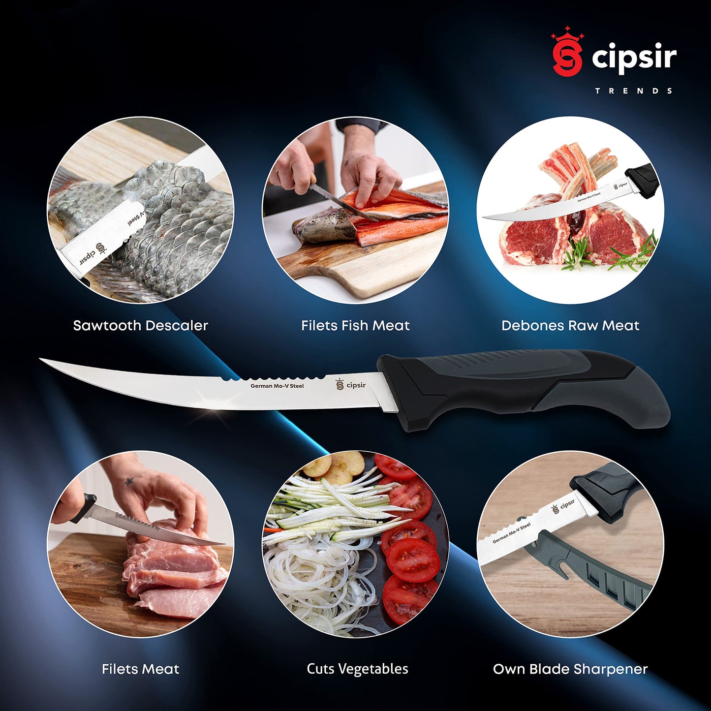 Cipsir Fillet Knife For Fish and Meat - Curved Salty Water-Resistant Made of German Steel 7 inch Blade with Sheath, Sharpener and Gift Box, Ideal for Filleting and Deboning Indoor or Outdoor