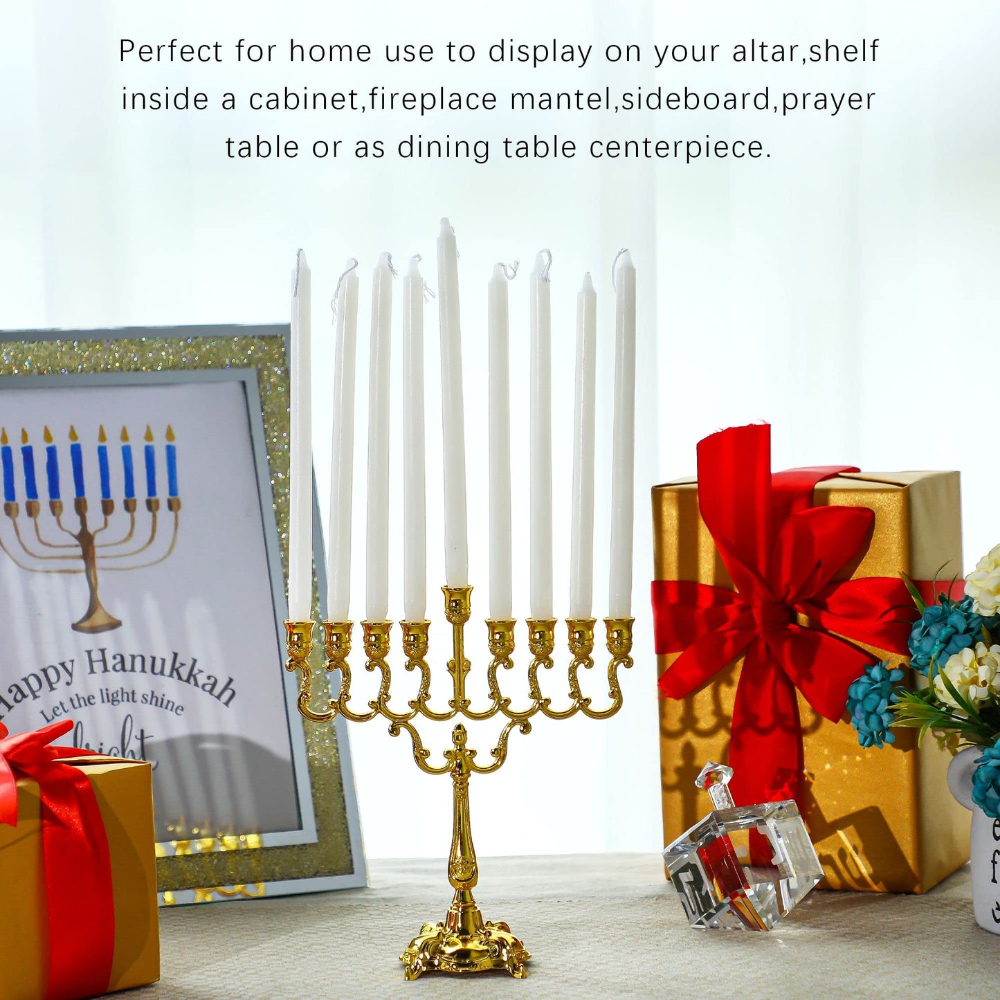 Hanukkah Menorah Ornament 9 Branch Gold Plated Jewish Candle Holder Candle Stand Candlestick