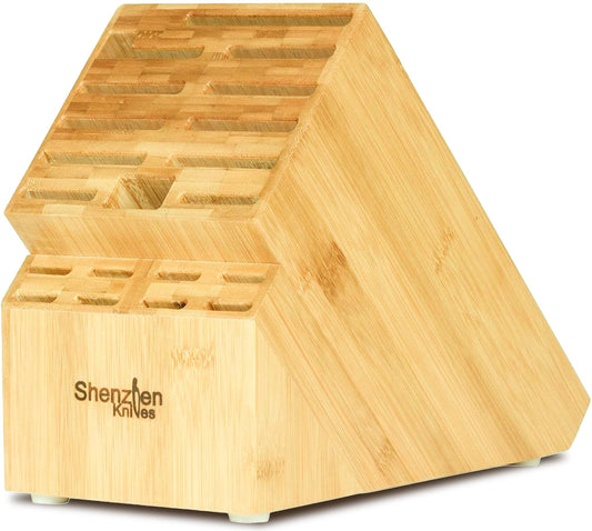 Shenzhen Knives 20 Slot Universal Knife Block: Large Bamboo Finish Wood Knife Block without Knives - Countertop Butcher Block Knife Holder and Organizer with Wide Slots for Easy Kitchen Knife Storage