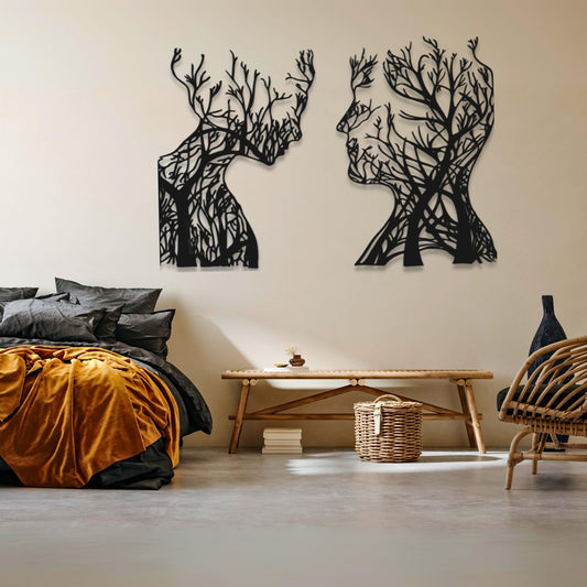 VAILLA Tree of Life Wooden Wall Art Abstract Tree Man Woman Face Large 3D Wall Decor Set of 2 Wall Hanging Sculpture Modern Wall Home Decoration 3D Textured Sculptures for Living Room Bedroom Office Dinnig Room