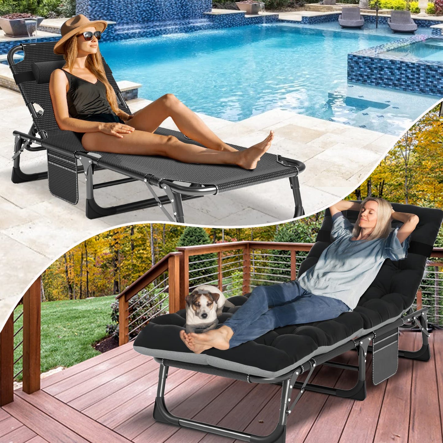 DoCred Folding Chaise Lounge Chair, Folding Cot, 5-Position Adjustable Heavy Duty Patio Chaise Lounges for Outside, Poolside, Beach, Lawn, Camping