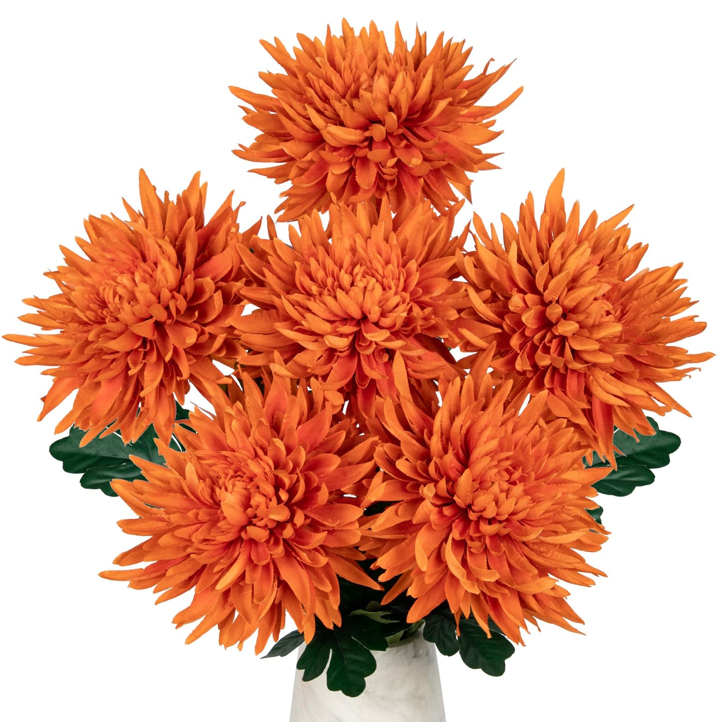 Hollyone 6Pcs Orange Artificial Mums Flowers Fall Chrysanthemum Flowers 25.6" Long Stem Faux Spider Mum Flowers Large Autumn Floral Arrangements Bouquets Fake Pincushion Silk Flower for Home Decor