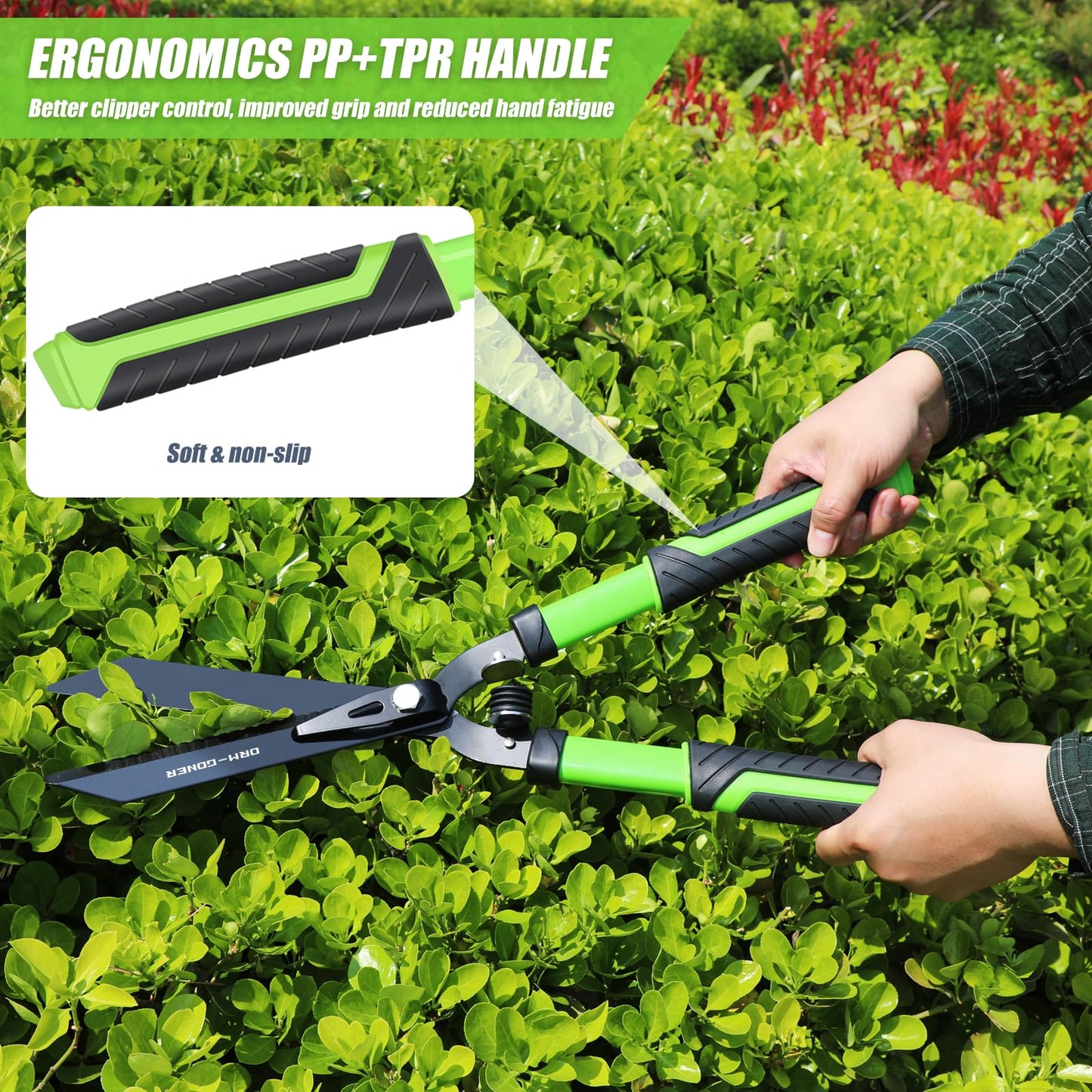 DRM-GDNER Garden Hedge Shears Heavy Duty,23" Manual Hedge Clippers with New Tech Serrated Blade & Dual Shock Absorbing Cushion,Shears Gardening Tools for Pruning Borders&Shrubs,Green/Black