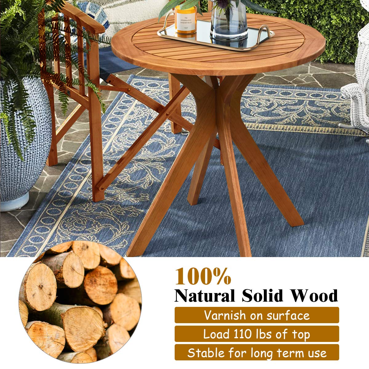 Tangkula 27.5 Inch Eucalyptus Wood Outdoor Patio Bistro Table, Round Wooden Table w/X Base, Coffee Side Bistro Table for Garden, Backyard, Patio, Living Room (Teak)