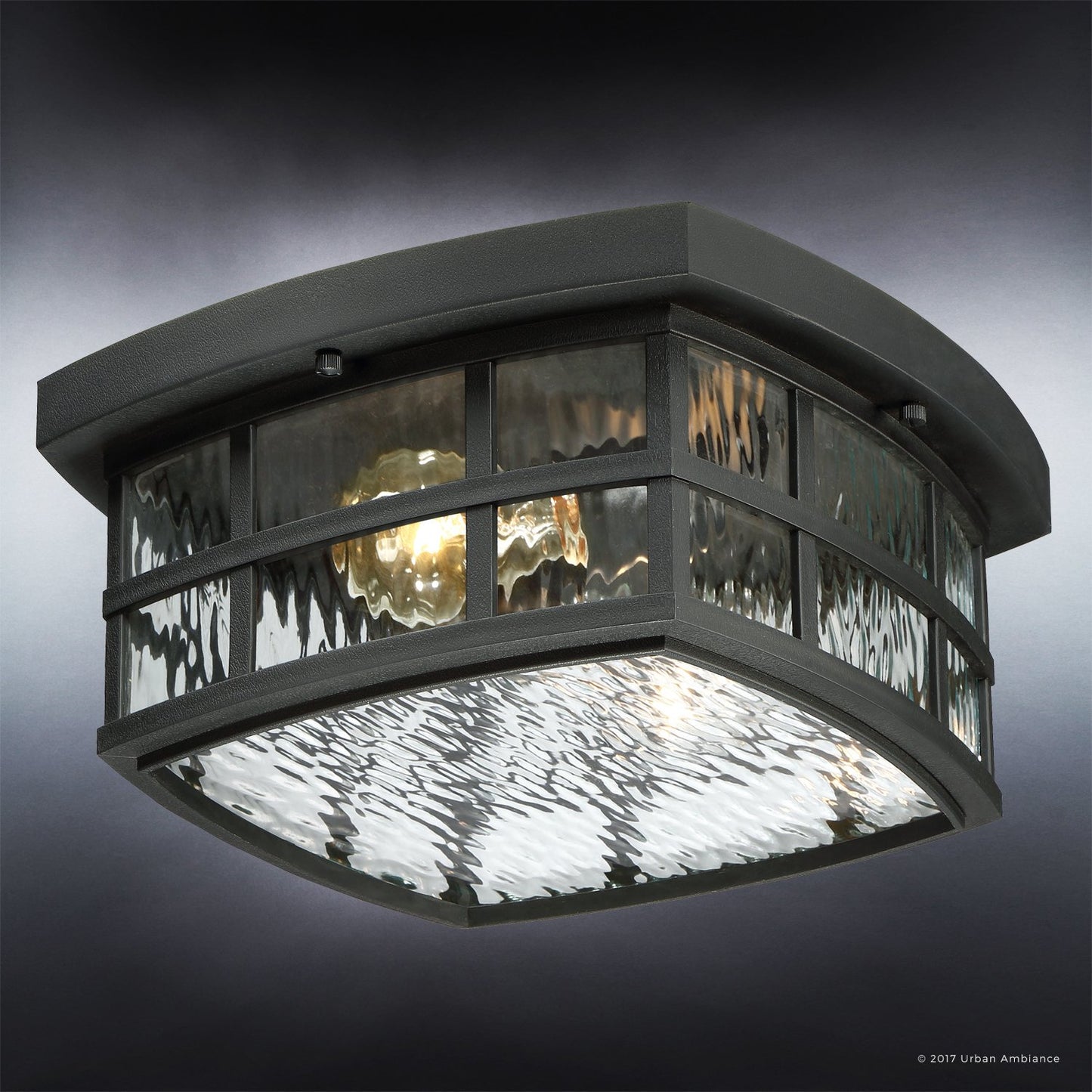 Urban Ambiance Luxury Craftsman Outdoor Ceiling Light, Small Size: 5.75" H x 12" W, with Tudor Style Elements, Highly-Detailed Design, High-End Black Silk Finish and Water Glass, UQL1248