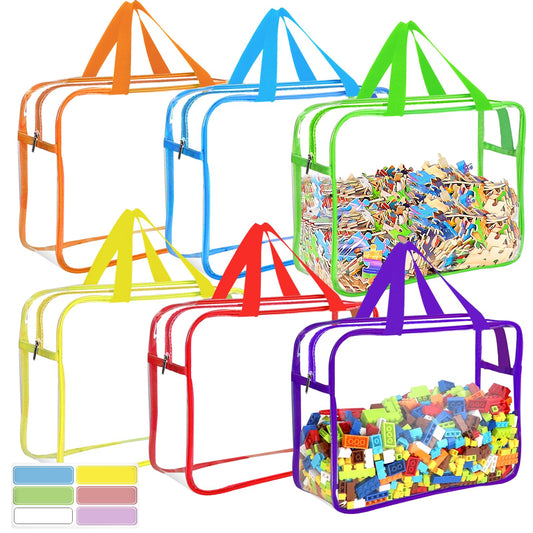 OPELETNNT 6 Packs Large Toy Storage Bags with Labels, Reusable Clear PVC Board Game Storage, Travel Waterproof Organizer Bags with Zipper for Building Blocks, Puzzle, Kids Books（6 Colors）