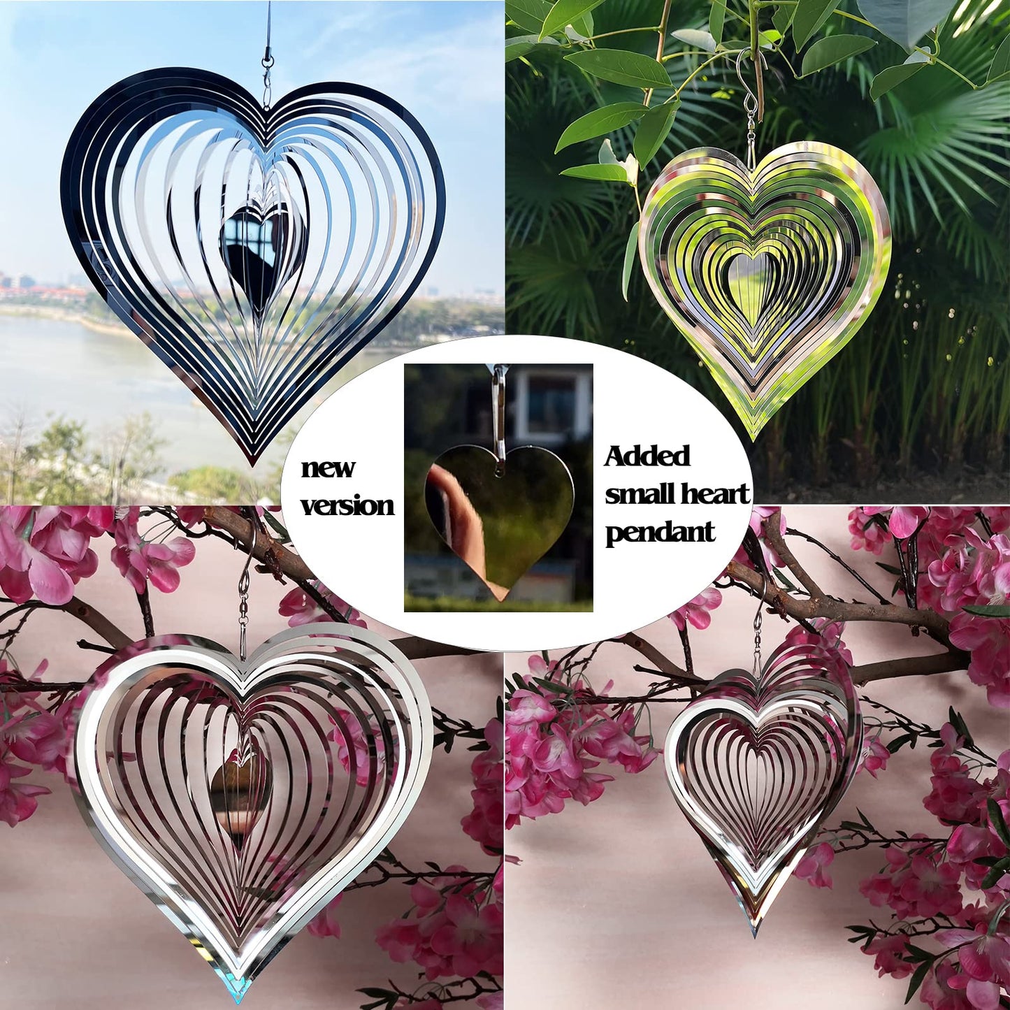 DJUAN Stainless Steel Reflective Wind Spinners Outdoor Garden Decor,Sparkly Wind Spinner Bird Devices Deterrent to Scare Birds Away from Yard Patio Farm,Metal Heart Wind Spinners Gifts for Mom, Women