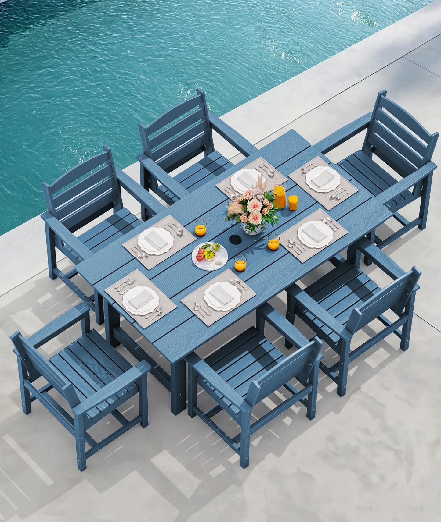 SERWALL 7-Piece Patio Dining Table Sets, Outdoor HDPE Dining Furniture Set with Umbrella Hole Cut-Out Table and 6 Chairs, Blue