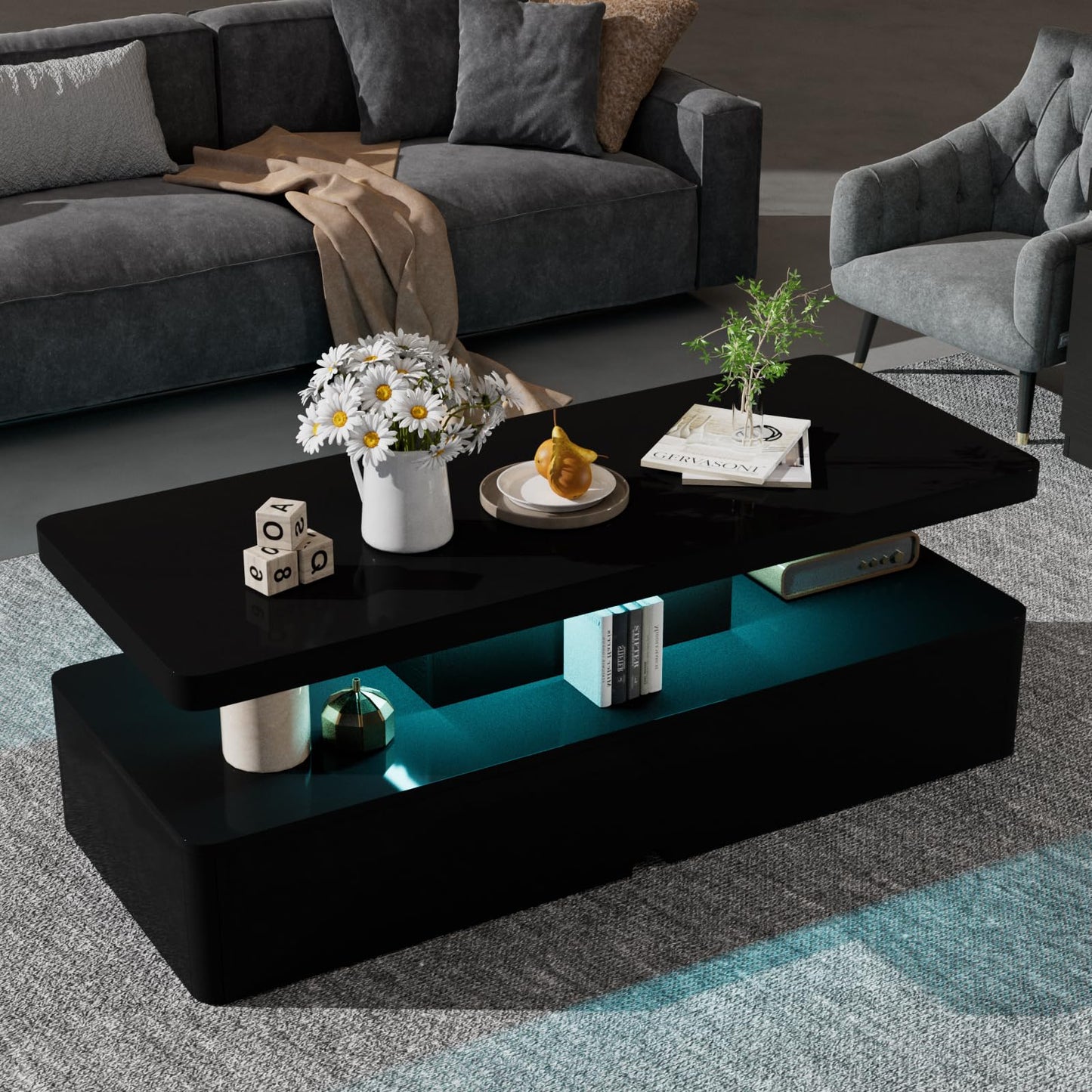 oneinmil Modern Stylish Coffee Table with 16 Colors LED Lights, Double-Layer Design for Living Room, Black