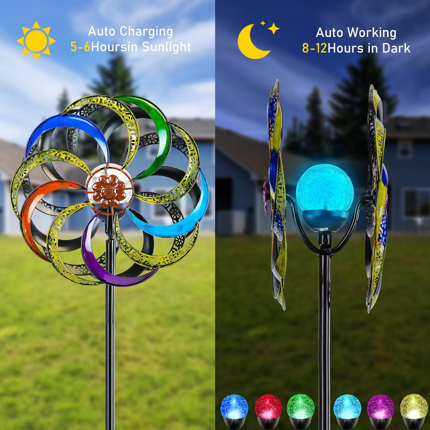 Wind Spinners Outdoor-Wind Spinners for Yard and Garden 75 in Yard Art Outdoor and Garden Clearance Large with Solar Powered Multi-Color Glass Ball Light for Lawn Backyard Decorations