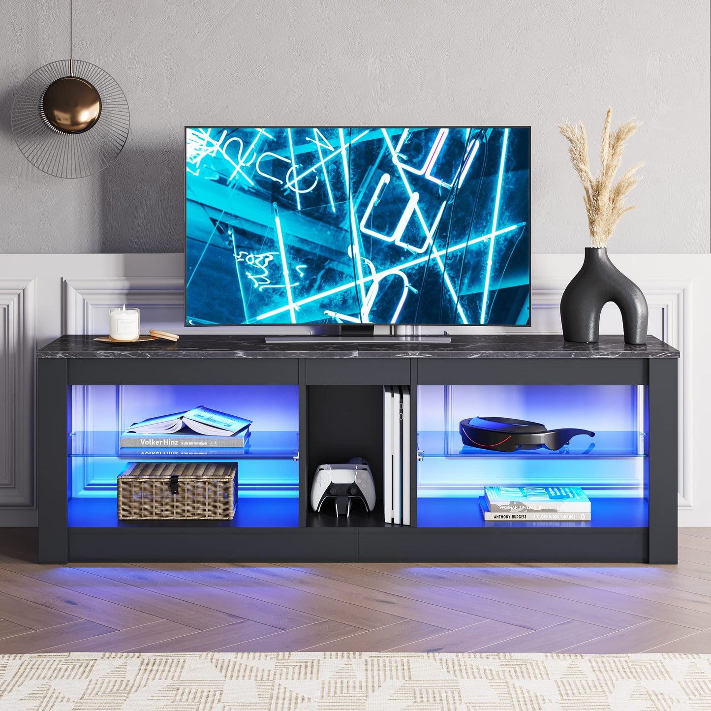 Bestier Entertainment Center LED Gaming TV Stand for 55+ Inch TV Adjustable Glass Shelves 22 Dynamic RGB Modes TV Cabinet Game Console PS4, Black Marble