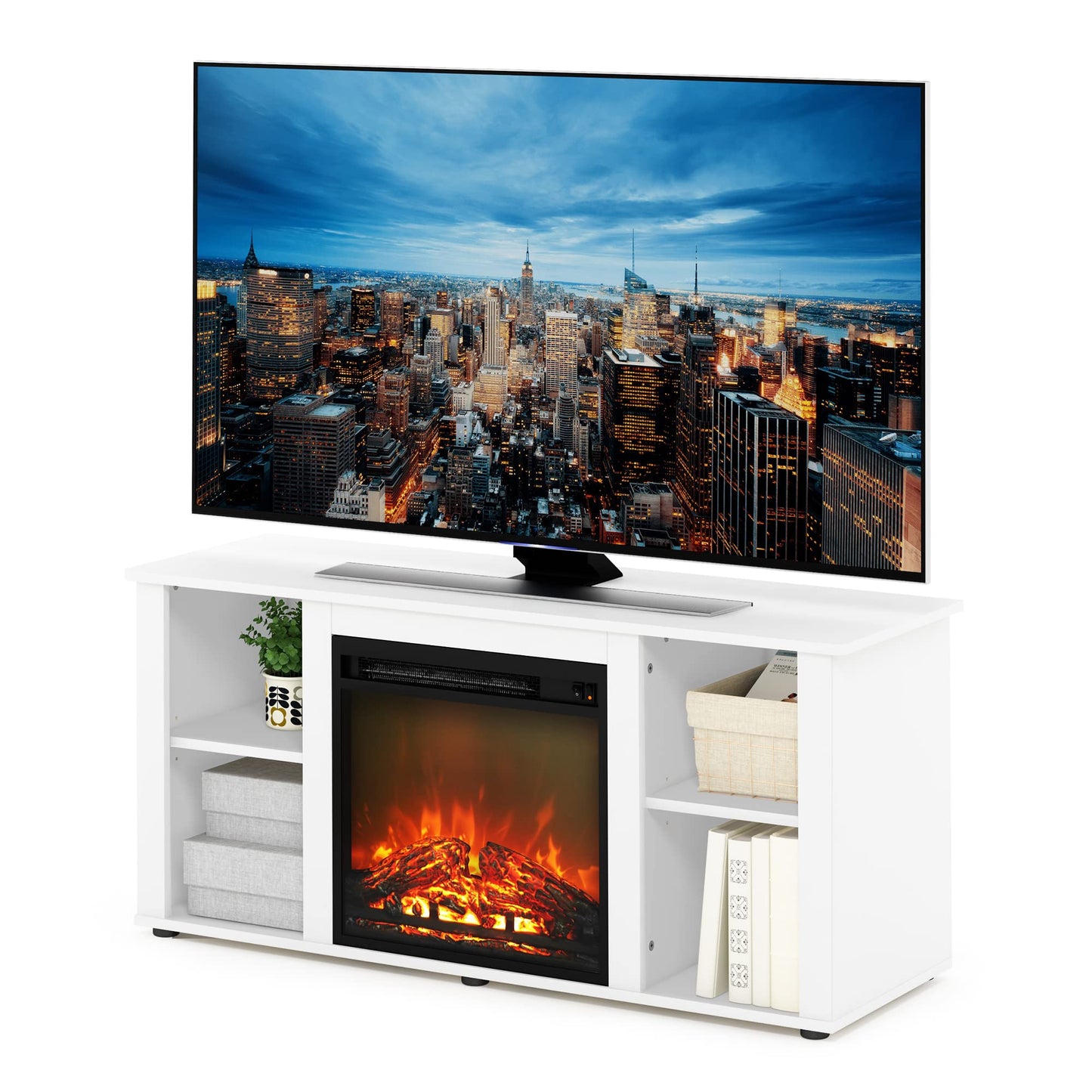 Furinno Jensen Entertainment Center Stand with Fireplace for TV up to 55 Inch, Corded Electric, White