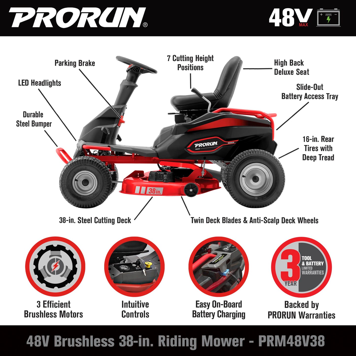 PRORUN 48V 38-in. Steel Deck Brushless Riding Lawn Mower with 75 Ah Battery and Charger