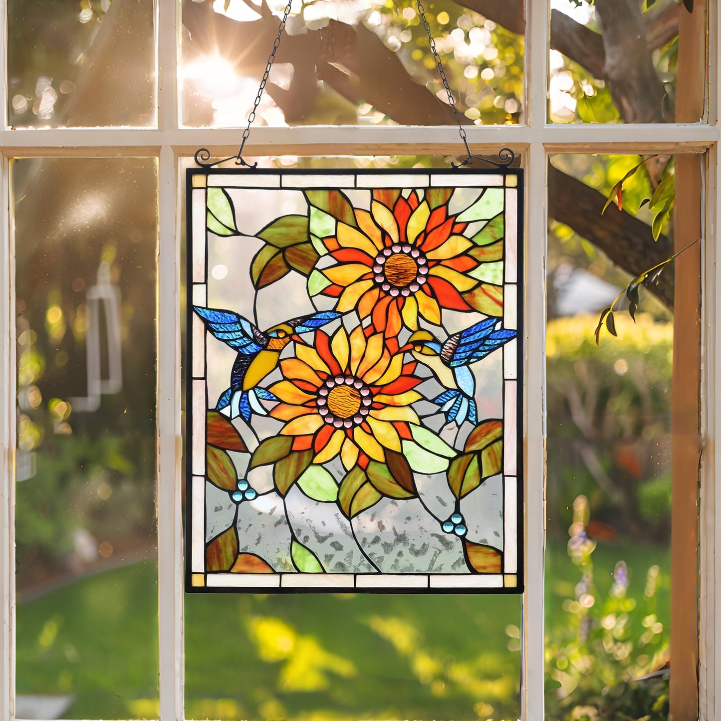 Capulina Sunflower and Birds Stained Glass Panels Window Hangings Tiffany Style Glass Traditional Art Handicrafts for Home Window Decor Gifts