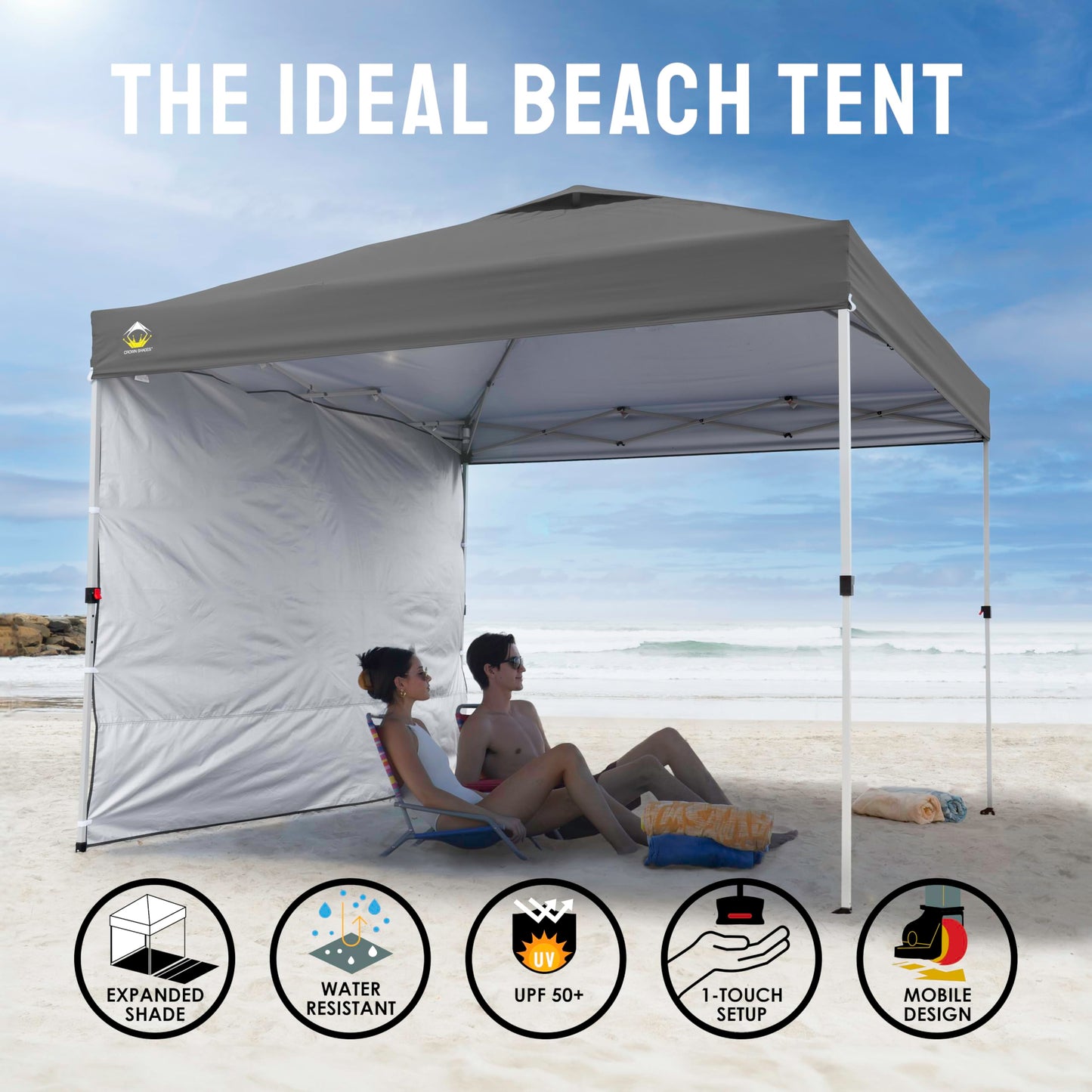 CROWN SHADES 8x8 Pop Up Canopy with 1 Side Wall - Beach Tent with One Push Setup - Outdoor Sun Shade for Events, Parties, Camping - Gazebo with STO-N-Go Cover Bag (Grey)