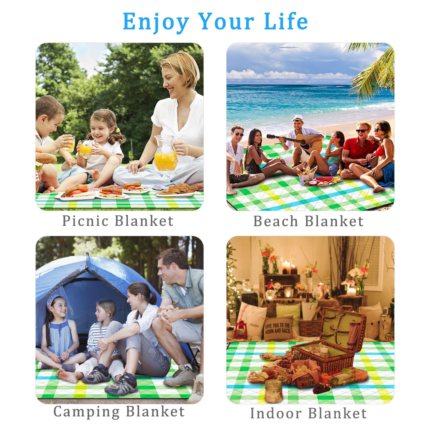 Ruikyhom Portable Waterproof Picnic Blanket,Picnic Blankets Extra Large Outdoor 80"x80", Machine Washable, Extra Large Picnic Mat for Grass Concert, Park, Lawn,Travel,Green Gingham