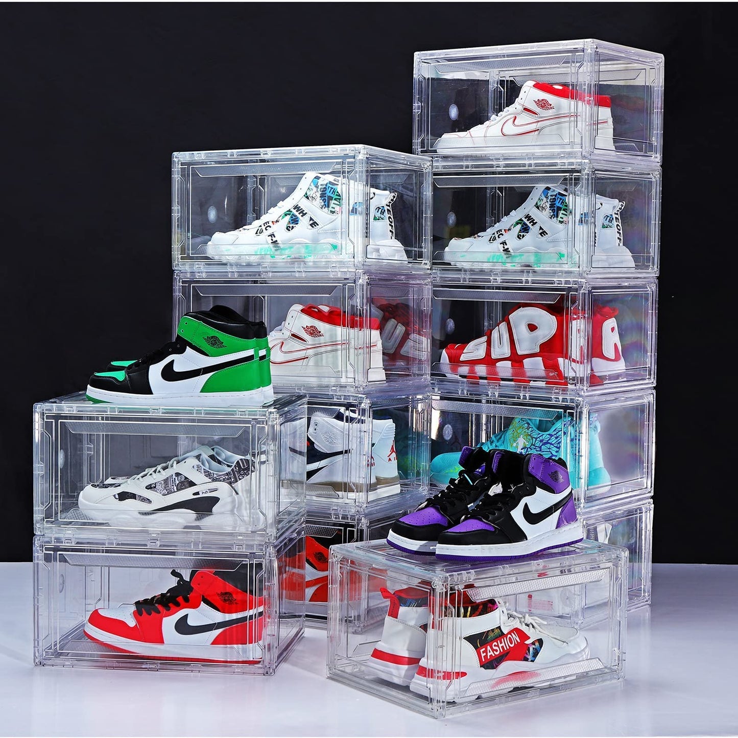 12 Pack Shoe Boxes, Clear Acrylic Plastic Shoe Boxes Stackable, Space-Saving Foldable Drop Front Shoe Storage Boxes Container for With Lids Fits Up to Size 15 (Transparency)