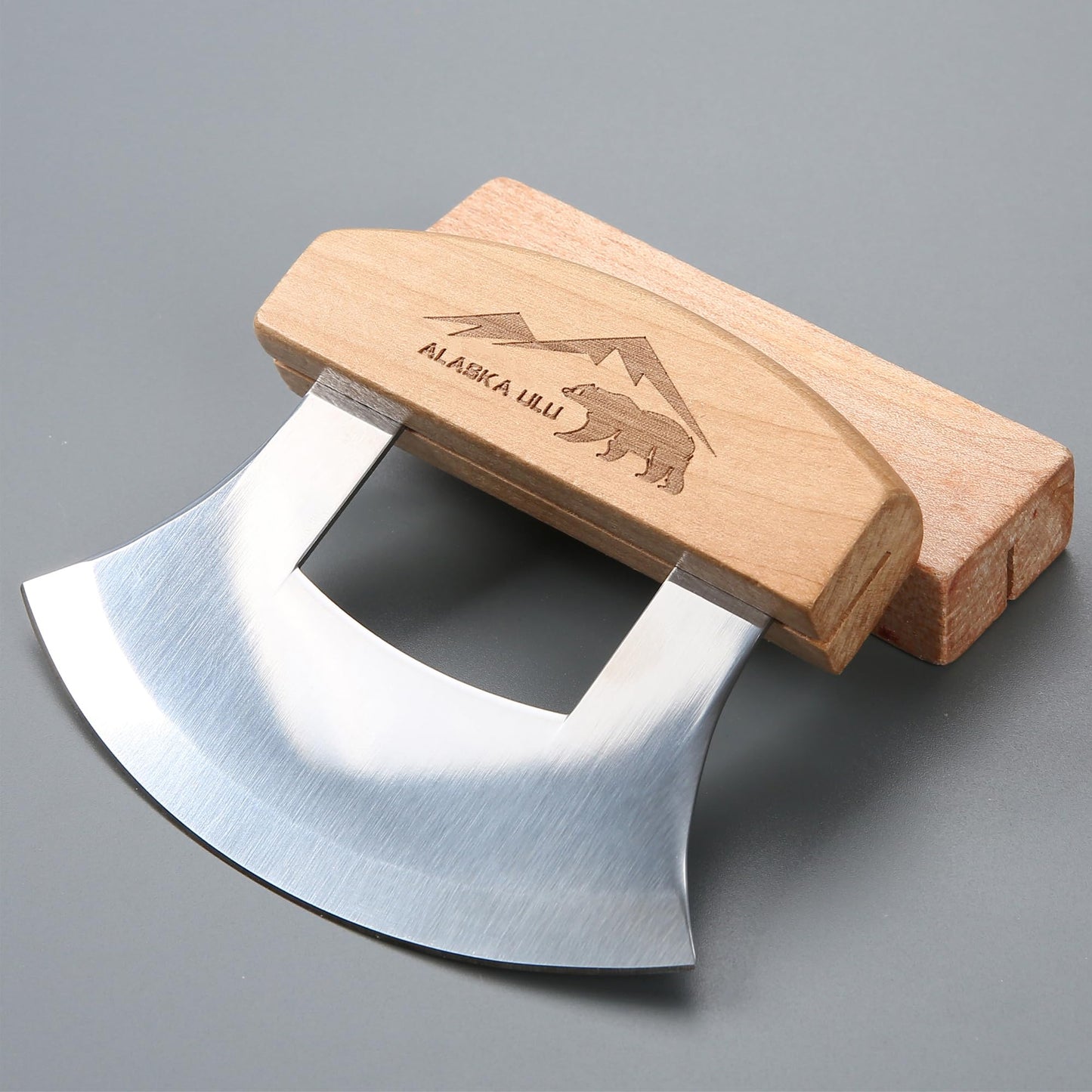 WIUCYS 5inch Alaskan Mezzaluna Ulu Knife, Salad Veggies Rocker Chopper Slicer Cutter Hashing Chopping Mincing Cleaver with Wooden Stand Arthritic Tool