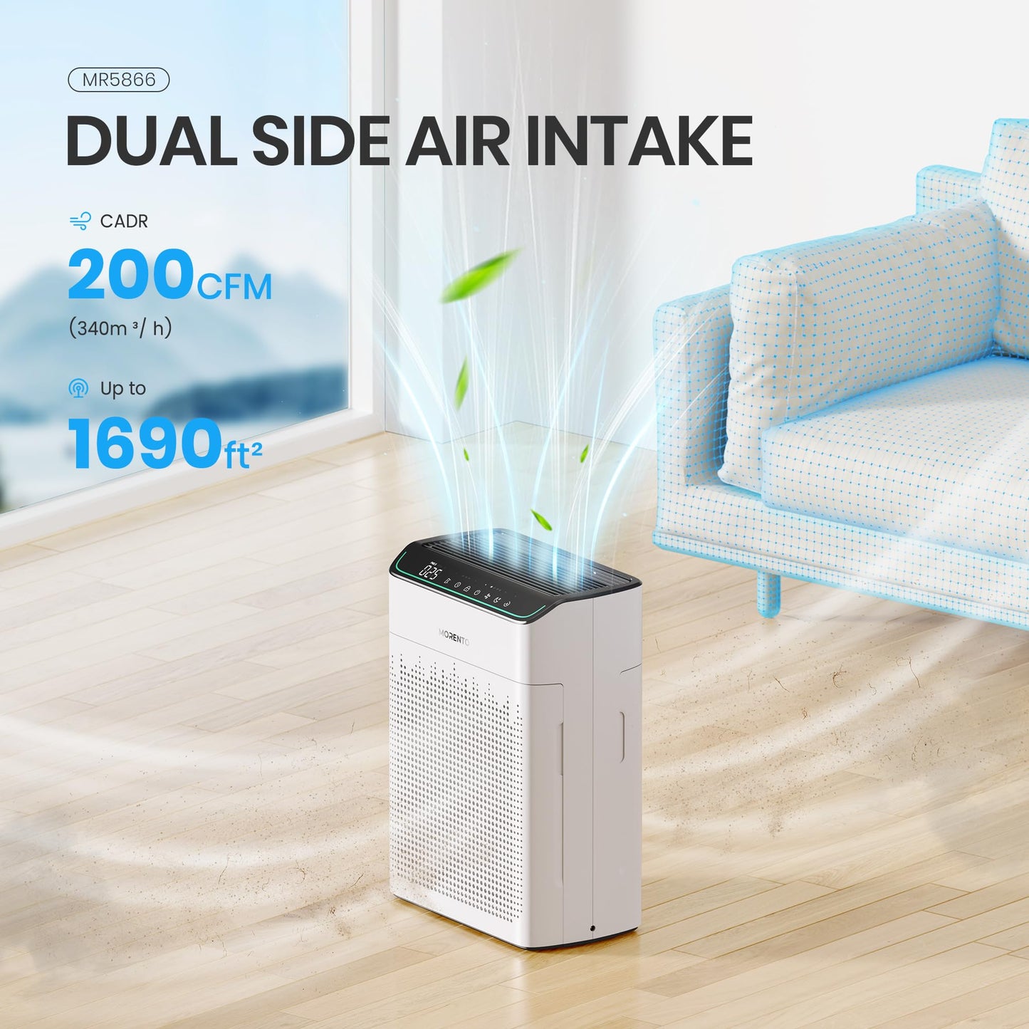 MORENTO Air Purifiers for Home Large Room Up to 1690 ft² with PM 2.5 Air Quality Monitor, Wi-Fi and Alexa compatible, HEPA Auto Mode Double-sided Air Inlet for Smoke and Odor, 23db, MR5866, White