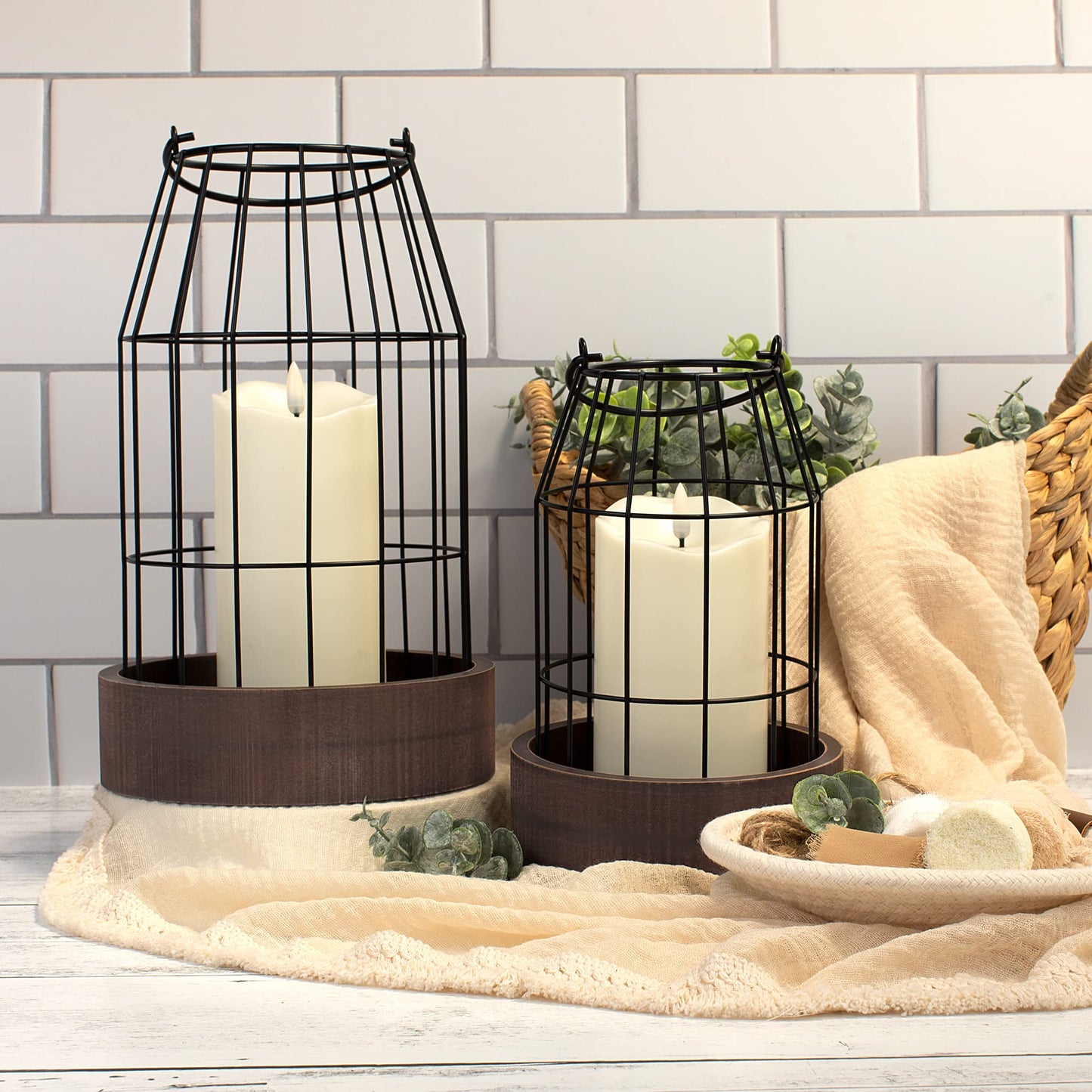 Rustic Farmhouse Lantern Decor Set of 2 - Stylish Decorative Lanterns for Your Living Room, Fireplace Mantle or Kitchen Dining Table - Modern Upscale Beauty for Your Entire Home