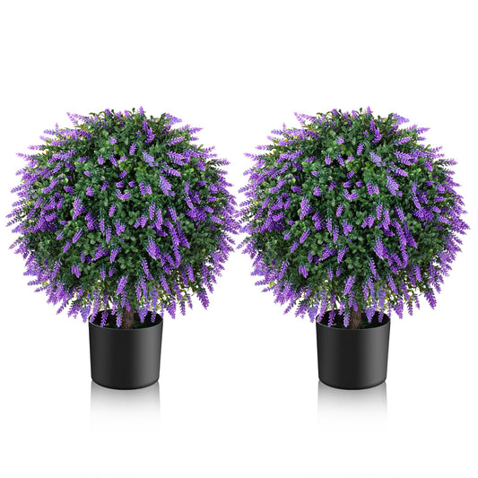 POZOY Set of 2 Pack Artificial Lavender Topiary Ball Trees 21.6'', Outdoor Faux Shrubs with UV Resistant, Lasting Evergreen Purple Bushes Potted Plants for Indoor, Front Porch, Garden Decor