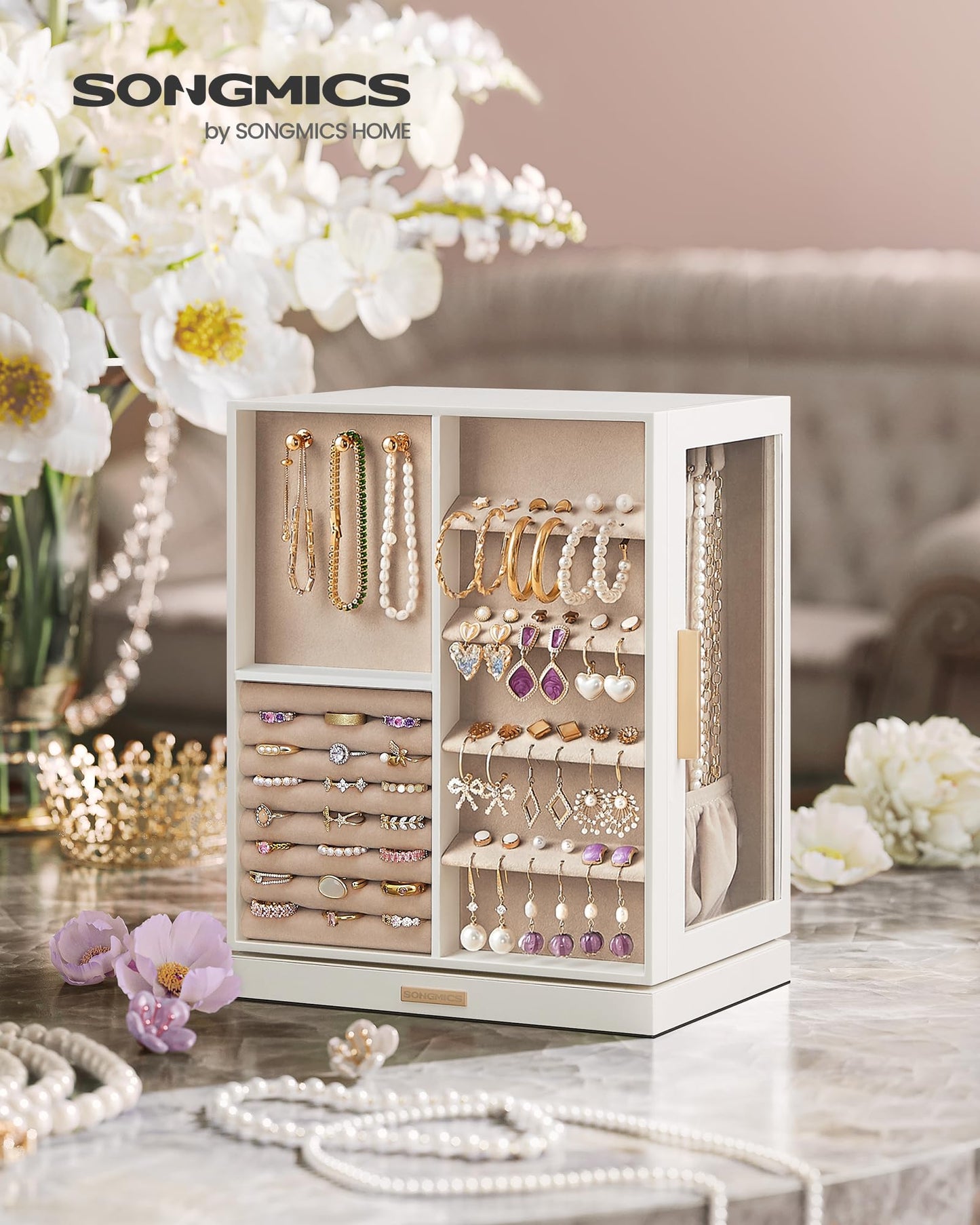 SONGMICS Jewelry Box 360° Rotating, Jewelry Storage Case with 5 Drawers, Jewelry Organizer, Glass Window, Spacious, Vertical Jewelry Storage, Open Design, Great Gift, Cloud White UJBC170W01