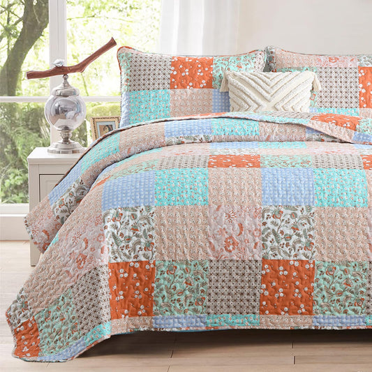 Queen Quilt Set Boho Orange Teal Patchwork Bedspread Floral Coverlet Reversible Spring Bed Quilt Set Soft Microfiber Bedding Farmhouse Garden Bed Sets for All Season