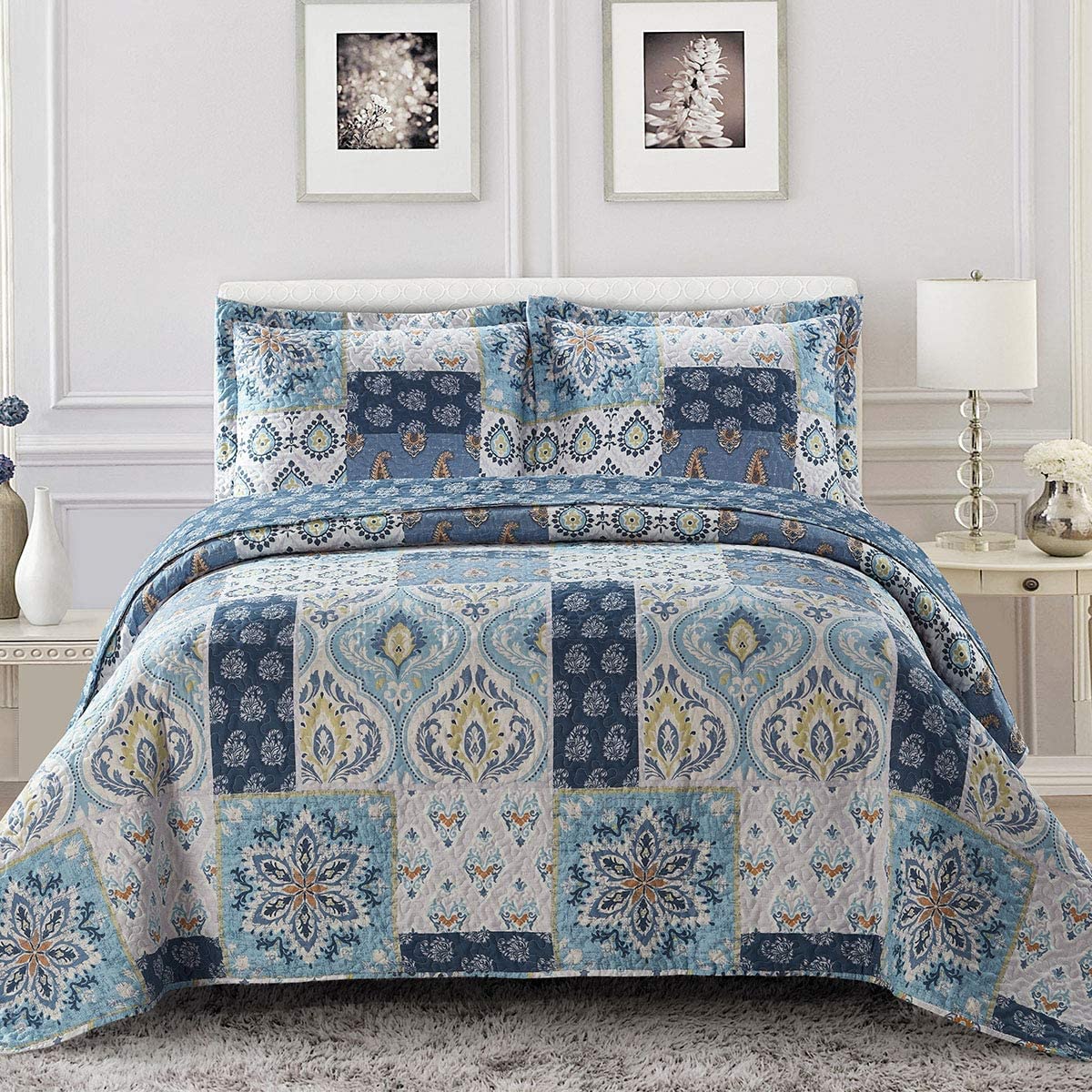 Royal Tradition 5PC Bedspread Set -Twin XL Size- Bellflower Printed Quilted Wrinkle-Free Microfiber Includes: 2PC Coverlet Set and 3PC Sheets Set