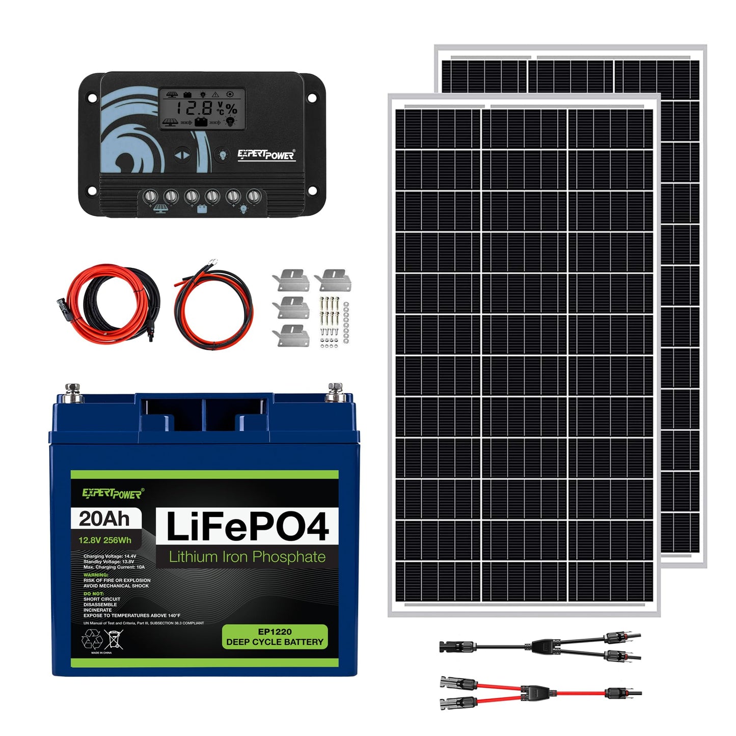 ExpertPower 200W 12V Solar Power Kit | 12V 20Ah LiFePO4 Lithium Battery | 200W Mono Rigid Solar Panels, 20A PWM Solar Charge Controller | RV, Trailer, Camper, Marine, Off Grid, Solar Projects