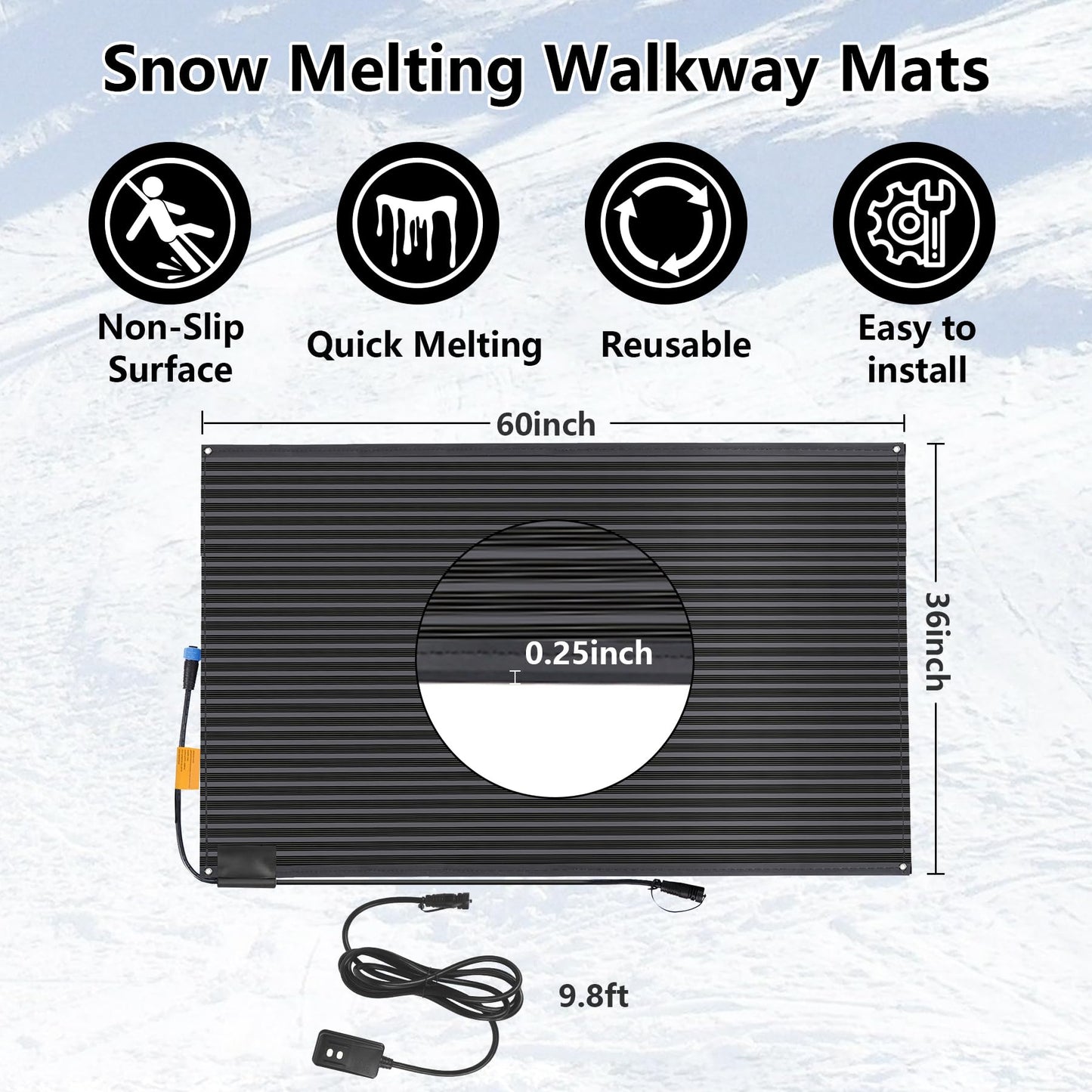 Toriexon Snow Melting Mats Outdoor 36 x 60 inch, No Slip Heated Outdoor Mats 608W 120V, Heated Driveway Mats with Power Cord, IPX5 Waterproof, UL and ETL Certificate for Most Entranceways