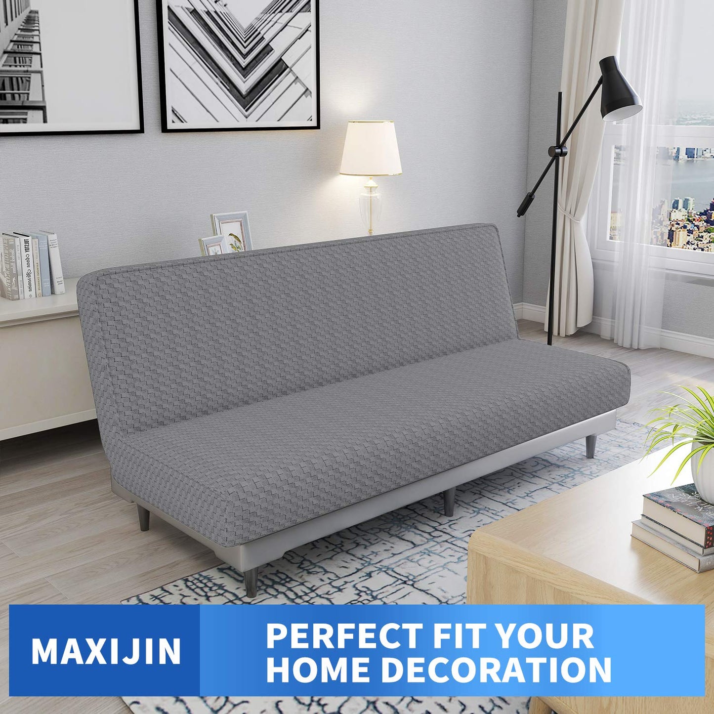 MAXIJIN Newest Jacquard Futon Cover Stretch Armless Futon Sofa Cover Soft Futon Slipcover with Elastic Bottom Thick Sofa Bed Furniture Protector Covers for Washable Futon (Futon, Light Gray)