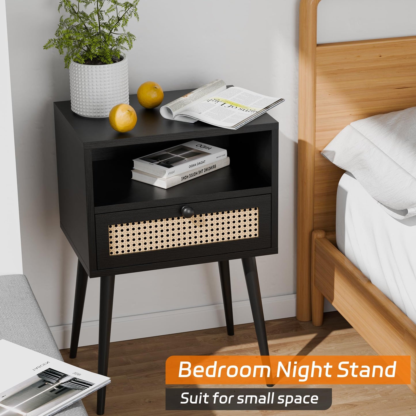 Black Nightstand Bedside Table Small Nightstand with Drawers Rattan Side Table Living Room End Tables Bedroom Wood Mid Century Modern Nightstands