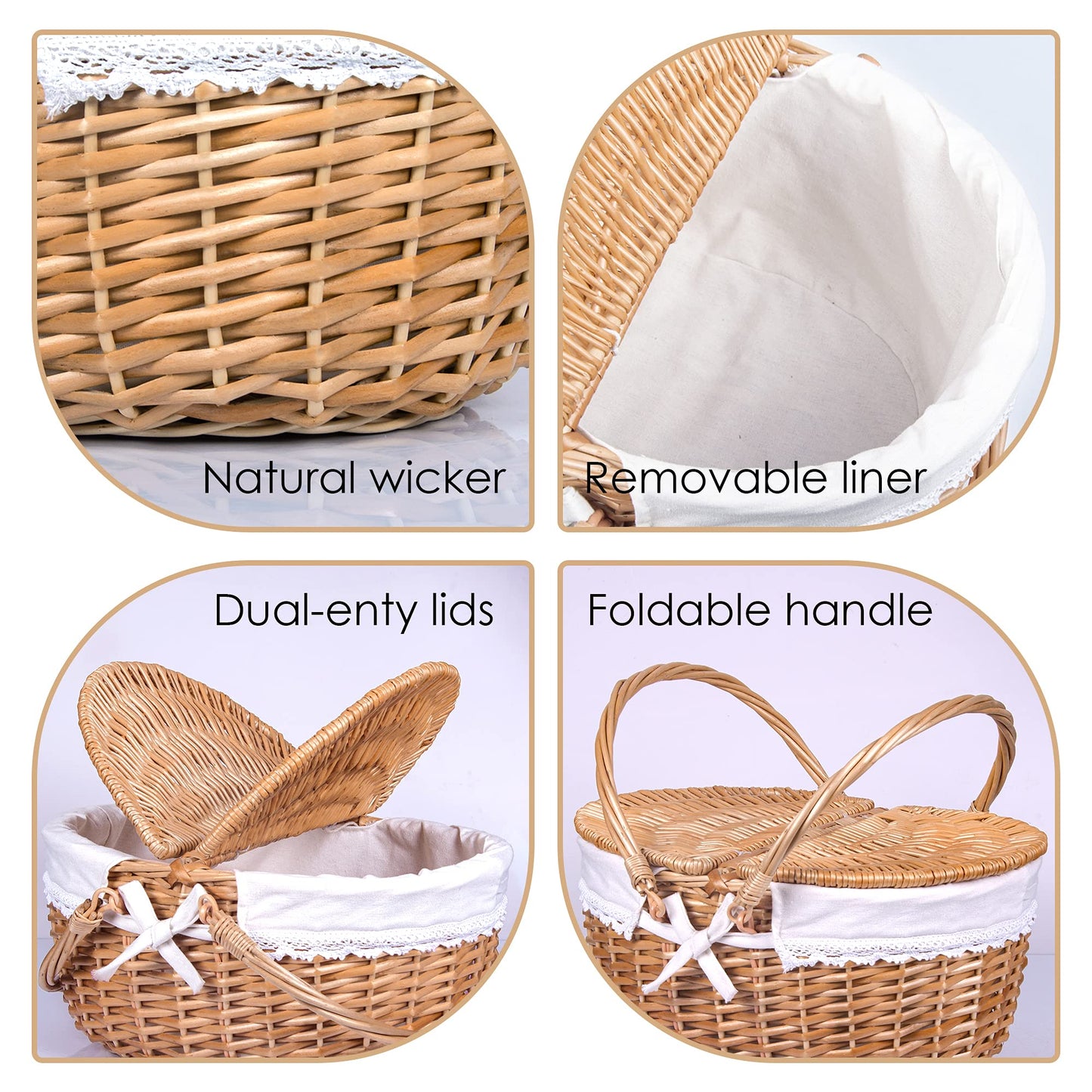 Wicker Picnic Basket with Lid and Handle Sturdy Woven Body with Washable Lining for Easter,Mother's Day,Outdoor Camping