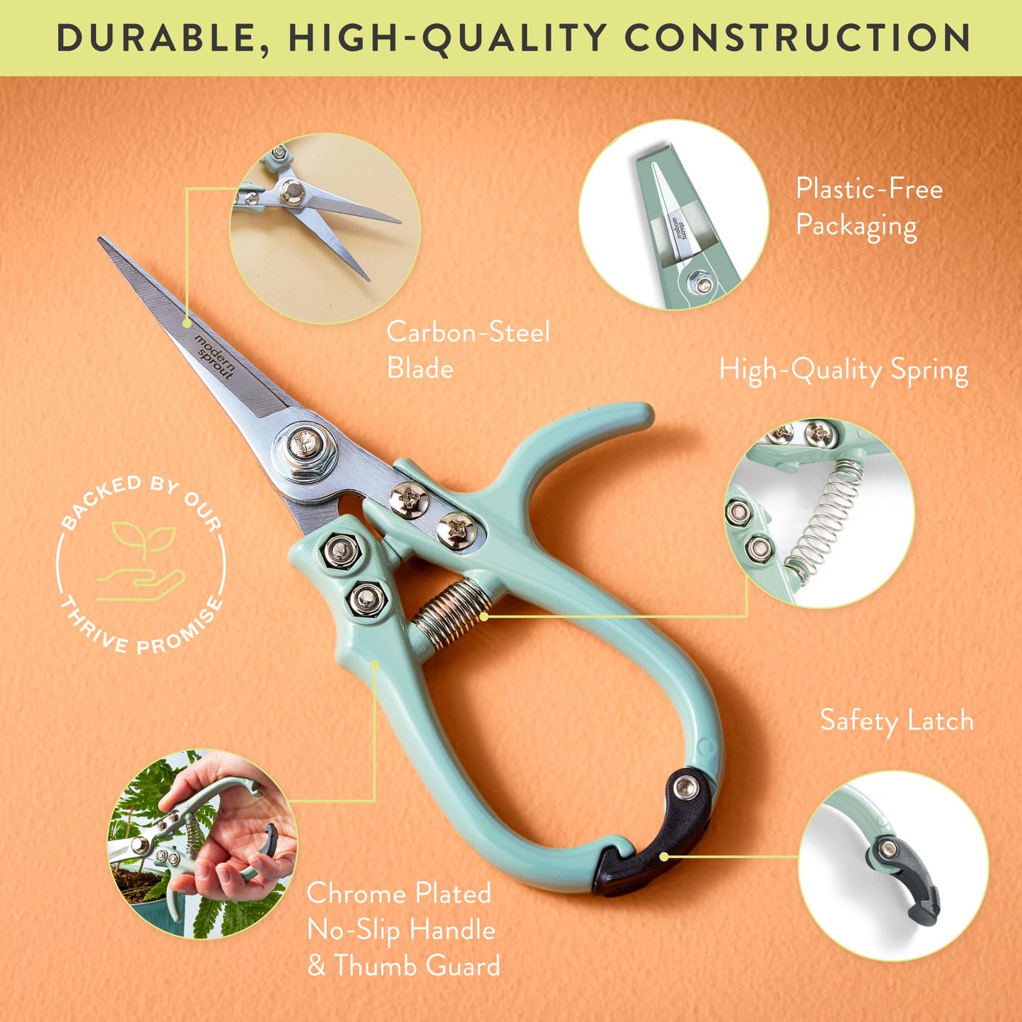 Modern Sprout Pruning Shears for Gardening, Herb Snips, Flower Cutting Scissors, Indoor Plant Shears, Lightweight, Ergonomic, Carbon Steel Blade, Easy-Lock Safety, Aesthetic (Ocean)