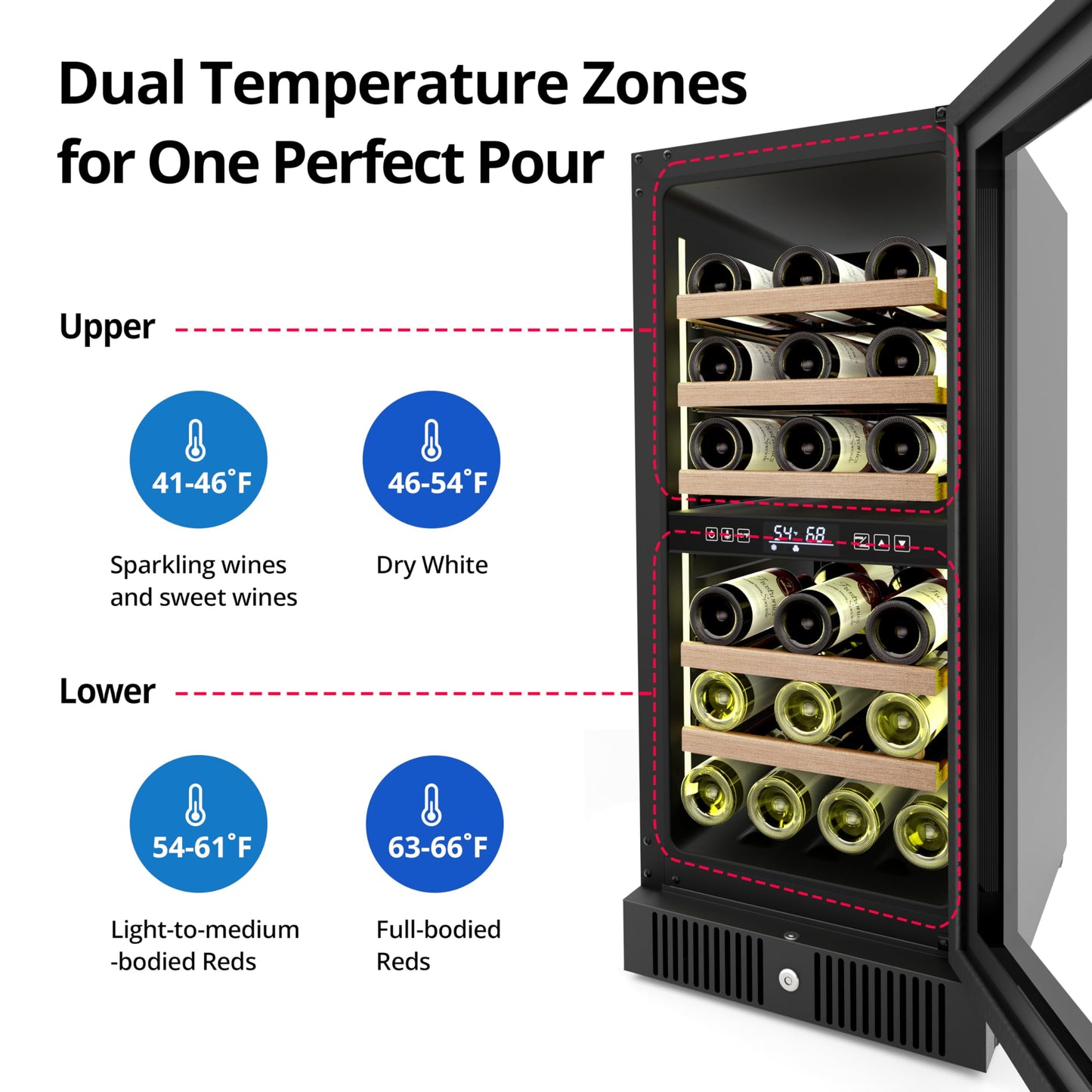 Frostronics 15 Inch Dual Zone Wine Refrigerator, 29 Bottles Under Counter Built-In or Freestanding Wine Cellar, Wine Cooler with Quiet Compressor Cooling and Reversible Glass Door, Fits Large Bottle