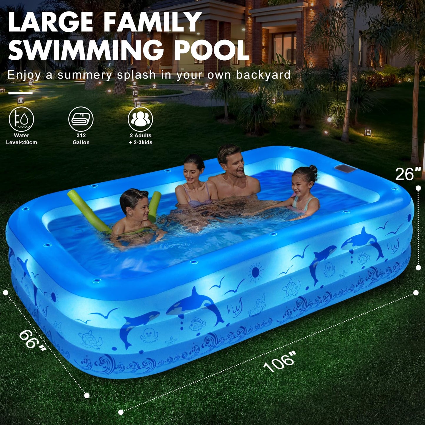 StarOcean Inflatable Pool with Lights,2024 Upgraded Family Inflatable Swimming Pool for Kids,Adults, BlowUp Pool Solar Powered,Large Kiddle Pool,106"x66"x26''Oversized Thickened Pool for Backyard-Blue