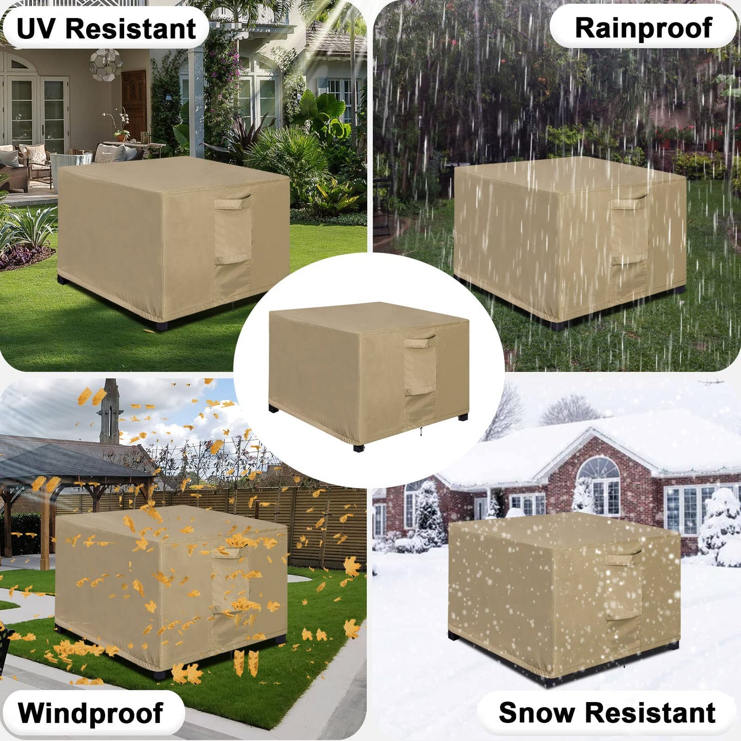 OutdoorLines Outdoor Waterproof Patio Ottoman Covers - Square UV-Proof Patio Side Table Cover Windproof Heavy-Duty Furniture Covering Protector 33L x 33W x 17H Inch, Camel