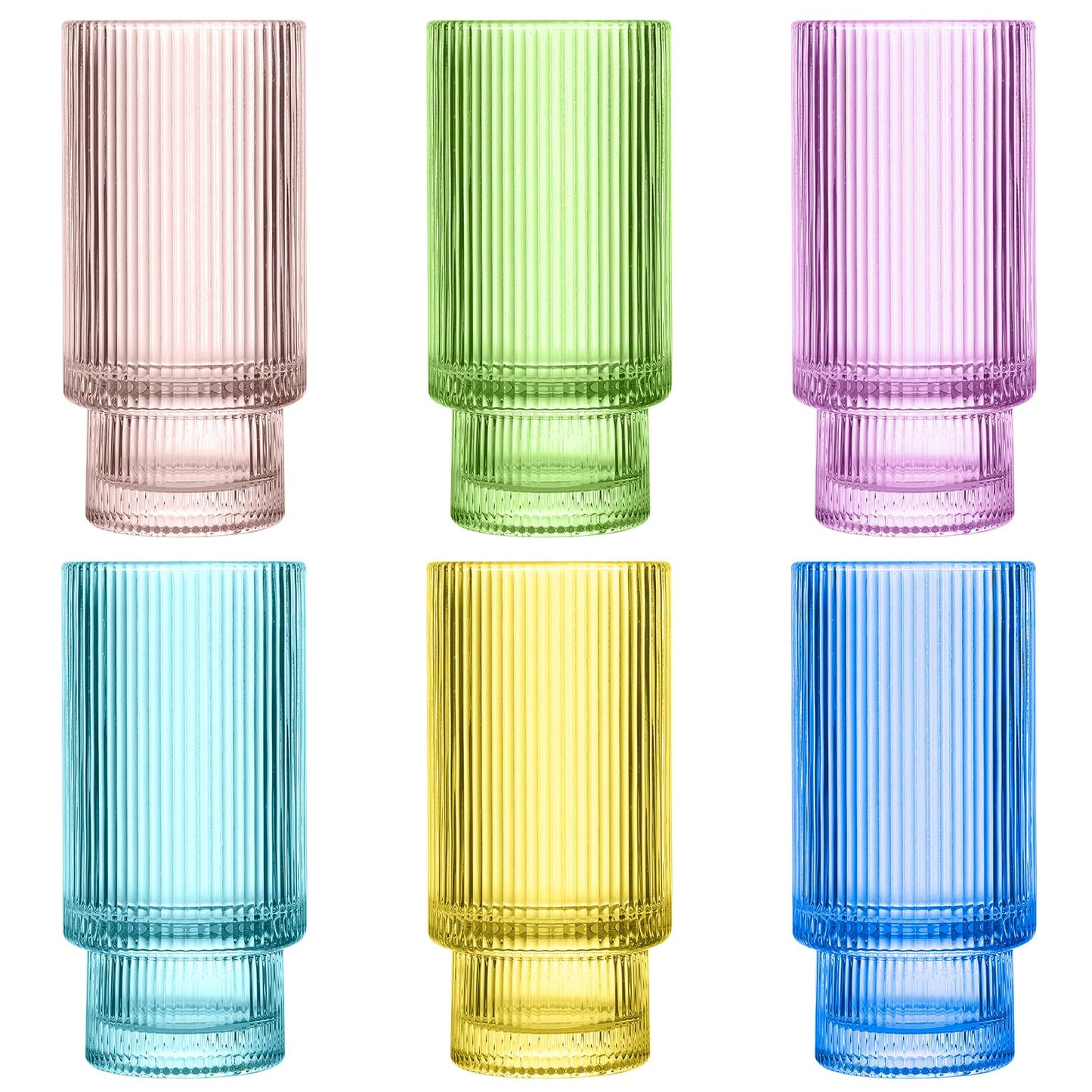 Dingerjar Stackable Ribbed Glass Cup Set of 6 12oz, Colored Iced Tea Glasses for Water, Beverage, Juice, Wine, Beer, and Cocktails