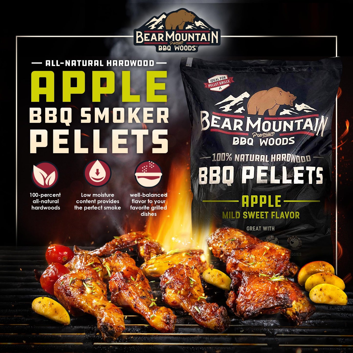 Bear Mountain All Natural Wood Pellets for Smoker, Grill & BBQ, 40 Lbs, Apple