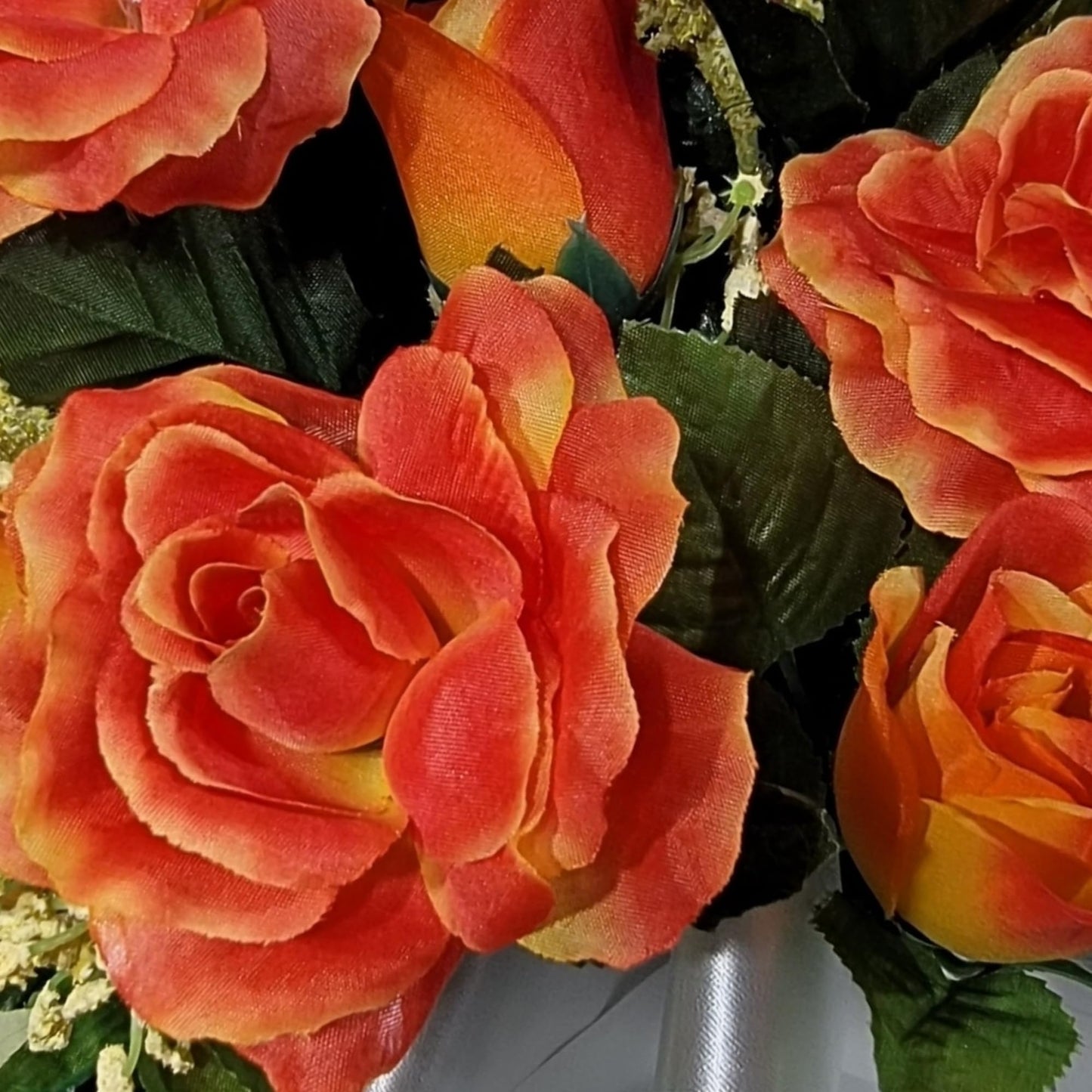 Realistic Artificial Cemetery Flowers - Silk Faux Floral Orange Rose and Calla Lily - Bouquet Pair for Grave - Headstone Saddle - 3 Memorial Decorations