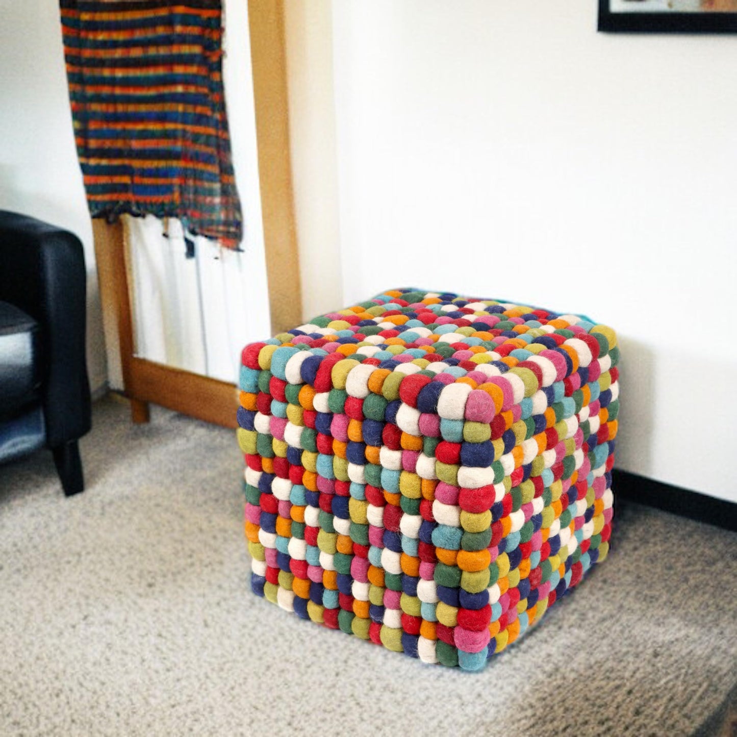 CLEENTABLE 15 Inches Multi Colored Cube Felt Ball Ottoman Pouf for Living Room, Bedroom and Kids Room