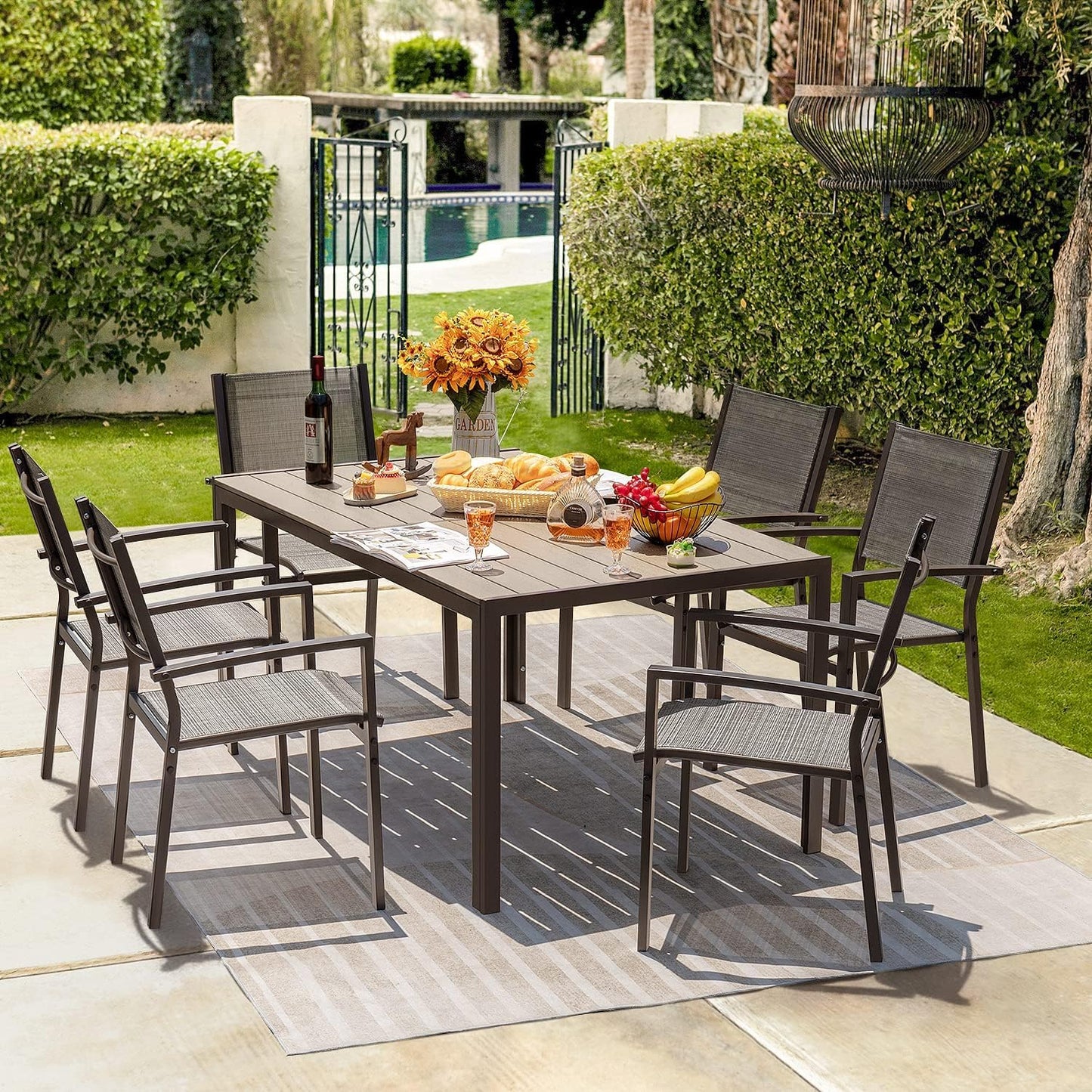 Homall Patio Dining Set 7 Pieces Outdoor Furniture Table and 6 Textilene Chairs, Light Grey