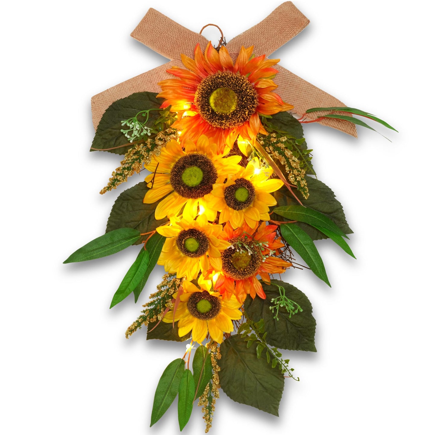 24" Pre-lit Decorative Teardrop Swag, Battery Operated Autumn Theme Swag with Fairy Lights, Sunflower, Flaxen Bow, Berries, Eucalyptus Leaves (Sunflower)