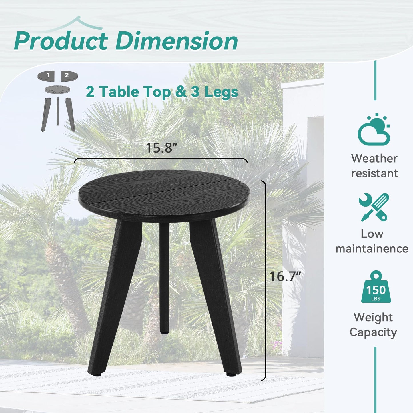 Homenjoy Outdoor Side Table, HDPE Outdoor Table, Small Round Side Table Weather-Resistant, Outdoor Side Tables for Patio, Porch, Deck, End Table for Plant Stand, Living Room, Bedroom, Black