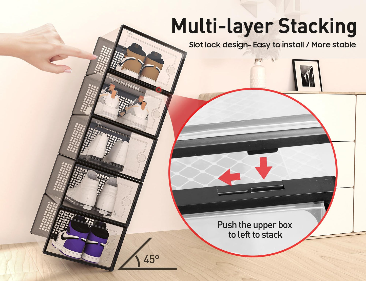 Kuject X-Large Shoe Storage Boxes Organizers Clear Plastic Stackable 12 Pack, Shoe Rack & Holder Substitute, Sneaker Containers, Toy Storage Organizer Bins for Entryway, Closet, Under Bed, Black