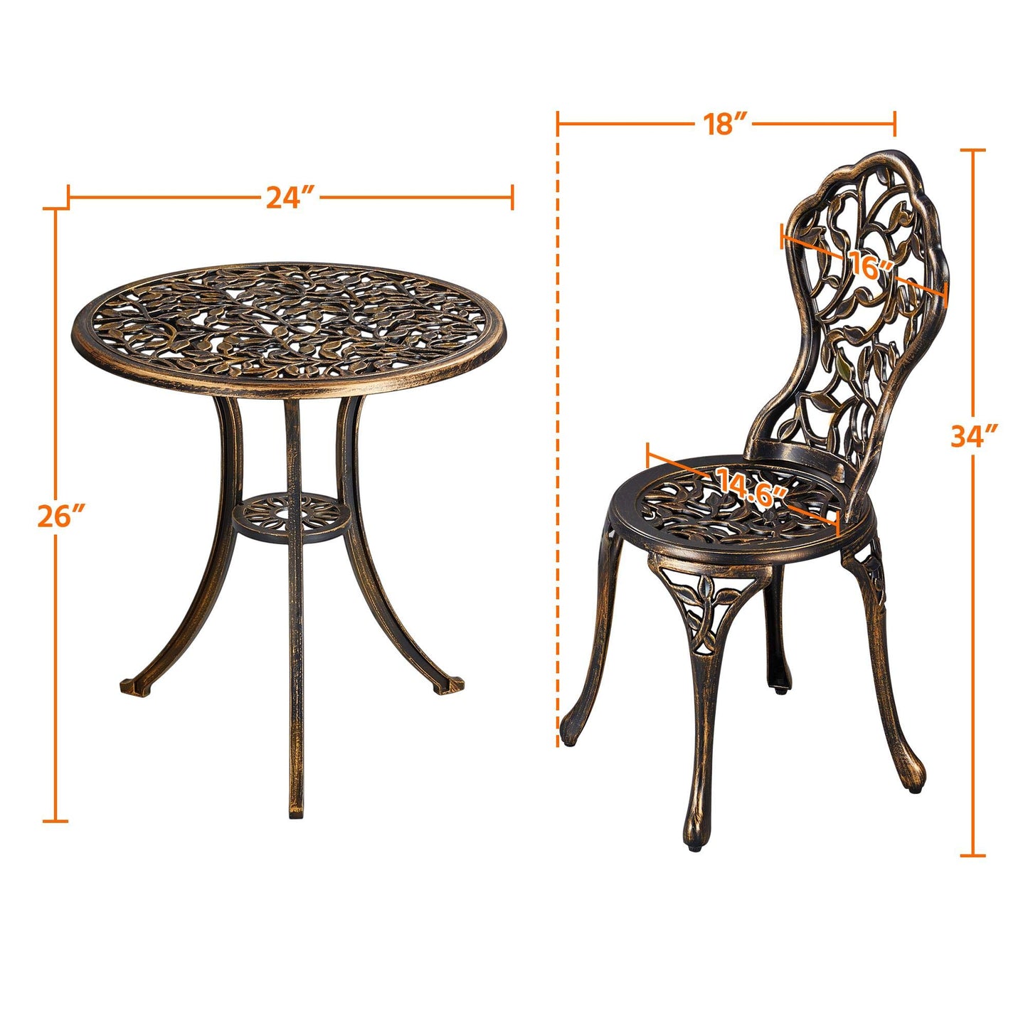 Yaheetech 3-Piece Outdoor Bistro Set w/Leaf Design, Rust-Resistant Cast Aluminum Table and Chairs for Balcony Backyard Garden