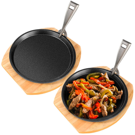 Mimorou 2 Set Cast Iron Fajita Plate Set with Wooden Base Anti Scald Protection Removable Handle Fajita Plate Sizzling Pan Cast Iron Skillets Set for Home Restaurant Kitchen BBQ Cooking (8.7 Inch)