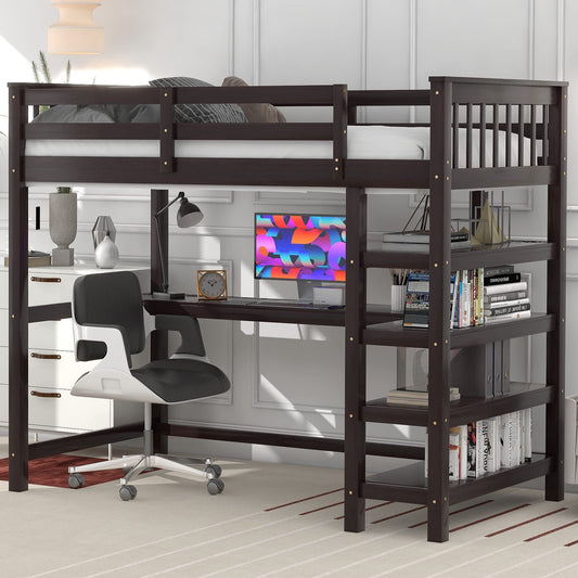 Merax Full Size Loft Bed with Storage Shelves and Under-Bed Desk Solid Wood Bed, Espresso