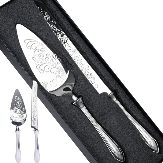 KSENDALO Cake Knife and Server Set - Deluxy SUS304 Stainless Steel Cutter & Server for Weddings, Celebrations, Birthdays & Anniversaries(13.78inch Long), Silver