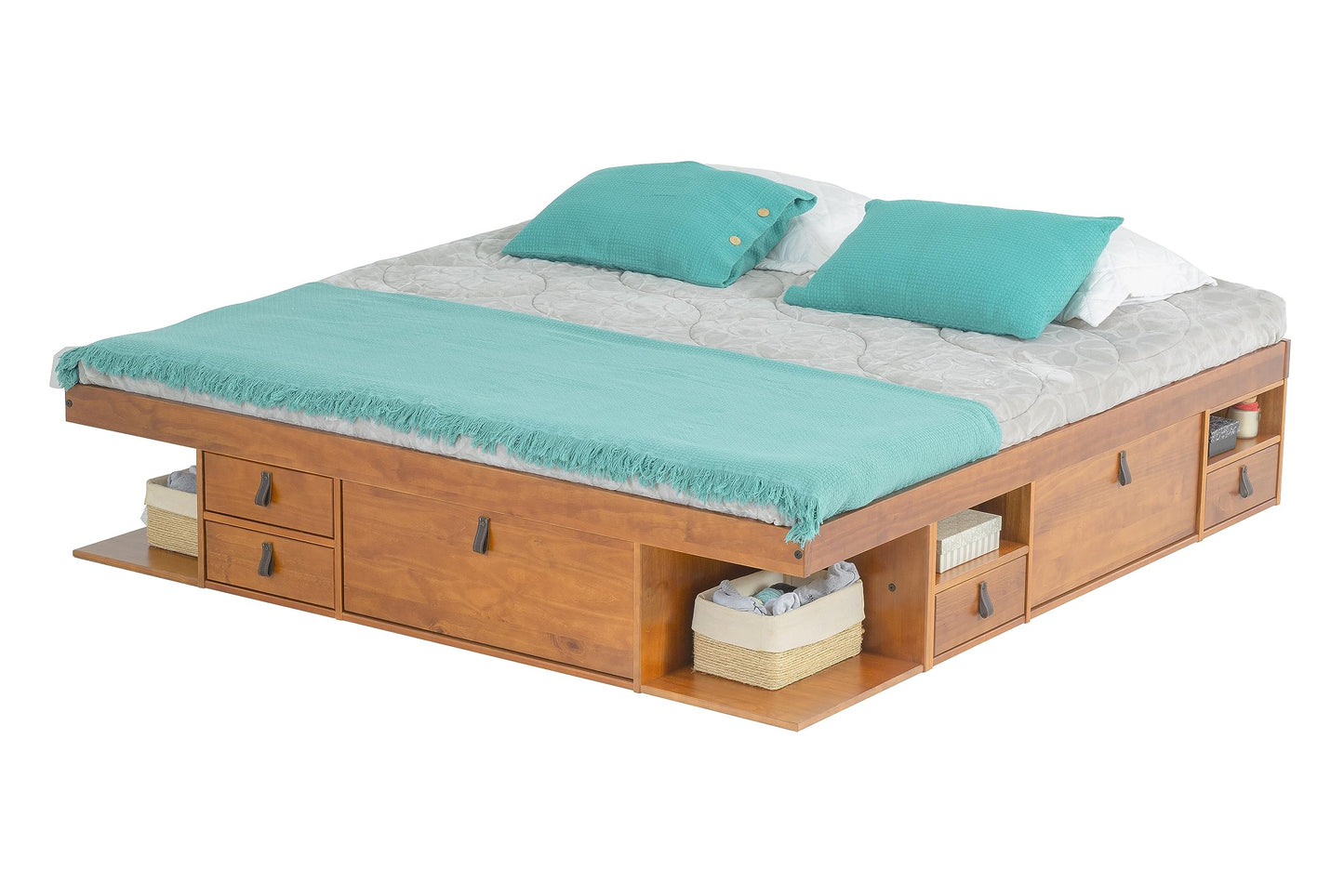 memomad Bali Storage Platform Bed with Drawers (King Size, Oak Brown Wood)